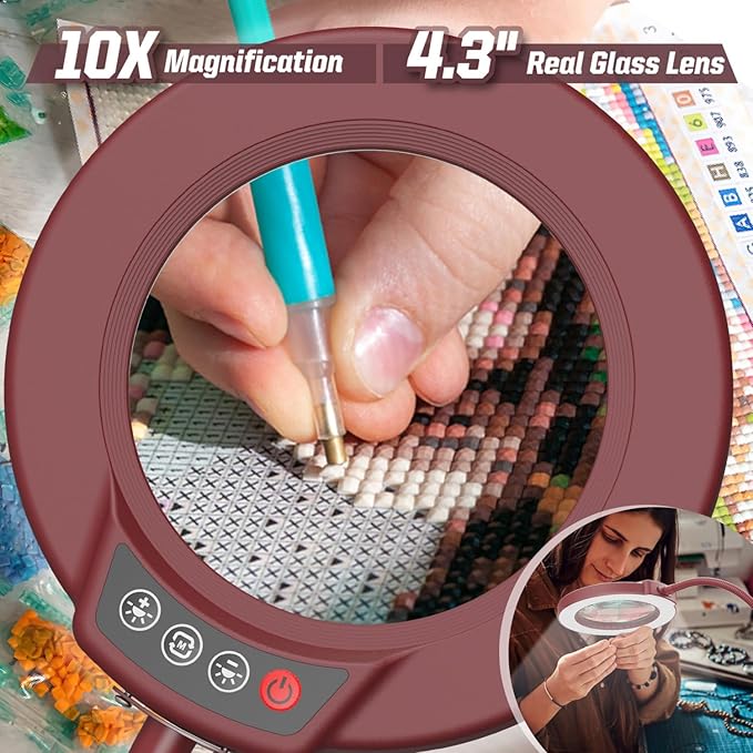 10X Magnifying Glass with Light and Stand, 5 Color Modes Stepless Dimmable LED Lighted Desk Lamp, Hands Free Flexible Gooseneck Magnifier with Light for Craft Hobby Painting Close Work - Red