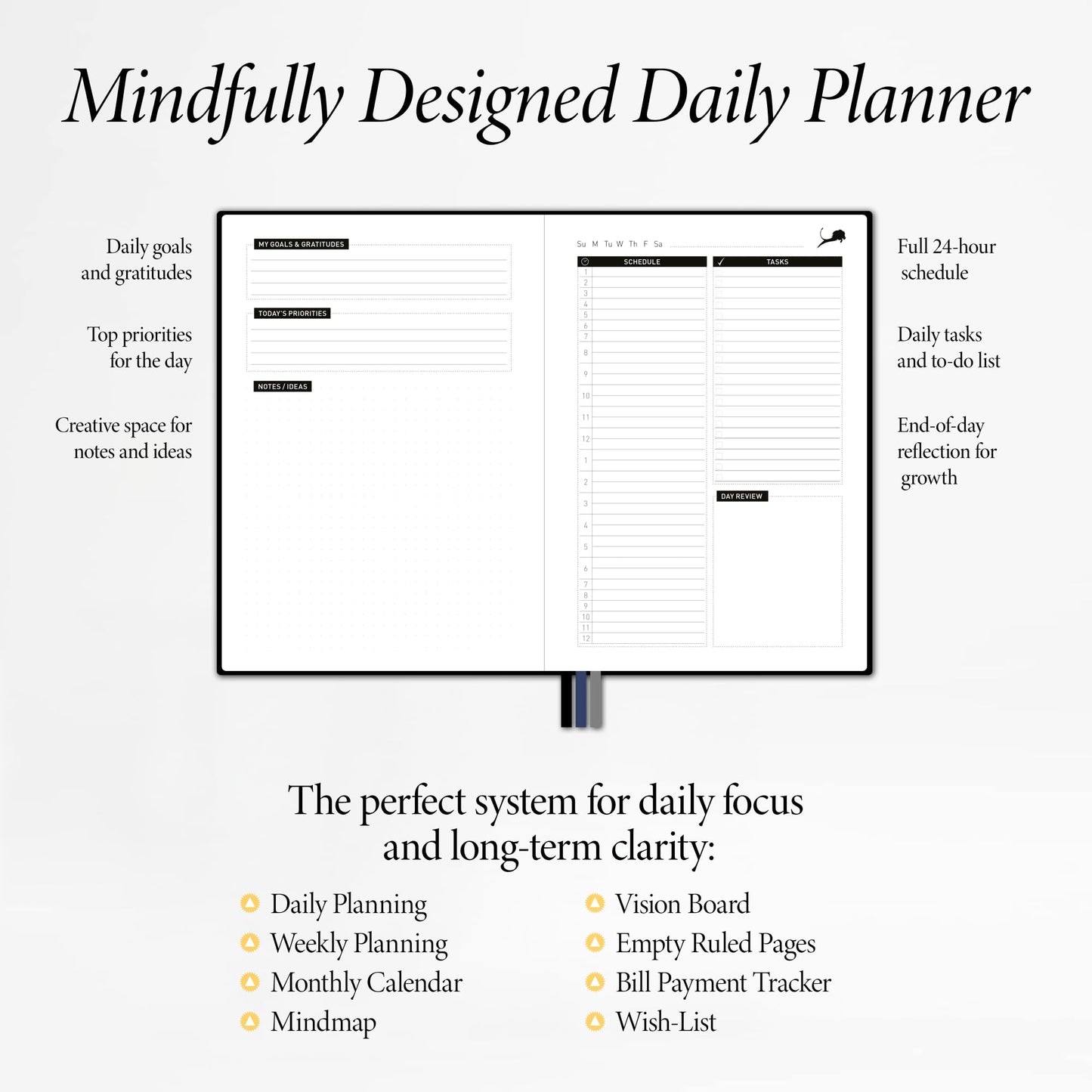 Daily Planner, Calendar & Life Organizer to Improve Time-Management, Productivity & Happiness | Vegan Leather Hardcover Notebook with Blank Dates, Undated 6 Months Hourly Planner for Men & Women, 24 Hour Agenda (Black)