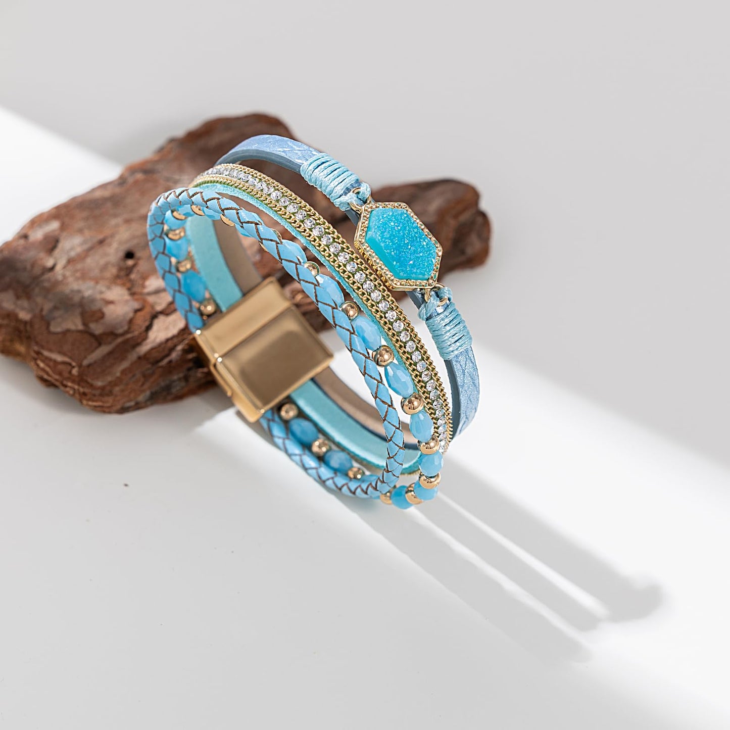 FANCY SHINY Crystal Beaded Leather Wrap Bracelet Stackable Boho Jewelry for Women Trendy Braided Resin Stone Bangle Cuff with Magnetic Clasp(Teal)