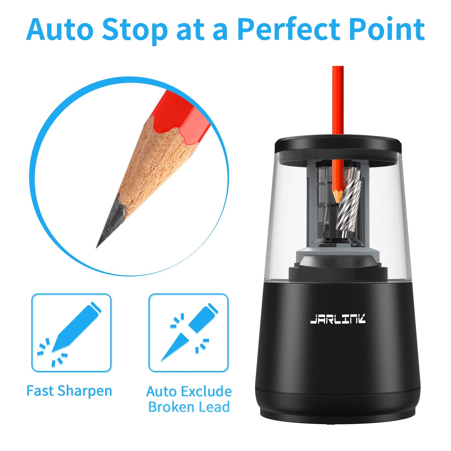 JARLINK Electric Pencil Sharpener, Heavy-Duty Helical Blade to Fast Sharpen, Auto Stop for No.2/Colored Pencils(6-8mm), AC Adapter/Battery Operated in School Classroom/Office/Home (Black)