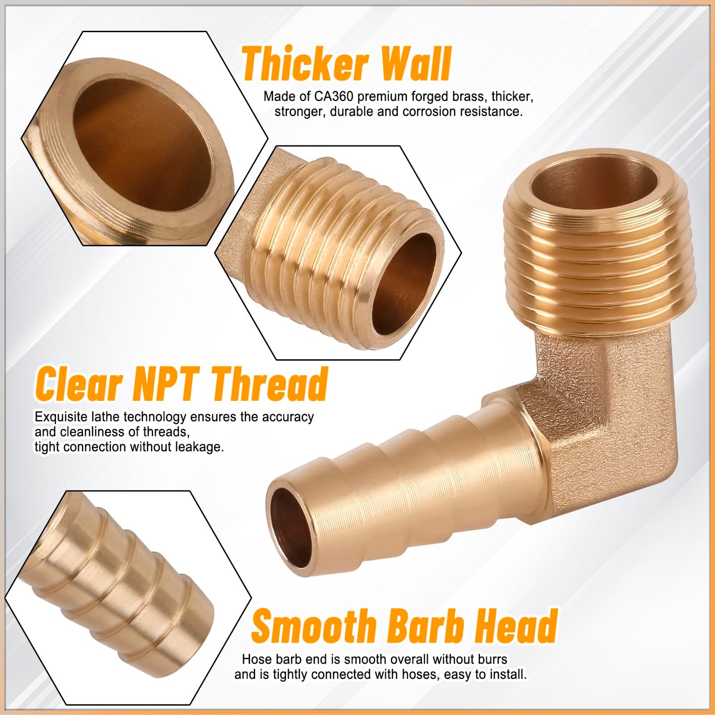 KOOTANS 18PCS Brass Hose Barb Fittings 90 Degree Elbow Barb to NPT Male Thread Adapter Kit 1/4" 5/16" 3/8" Barbed Air Hose Fittings with 30pcs Pipe Clamps for Water Fuel Air Line Connector Fitting