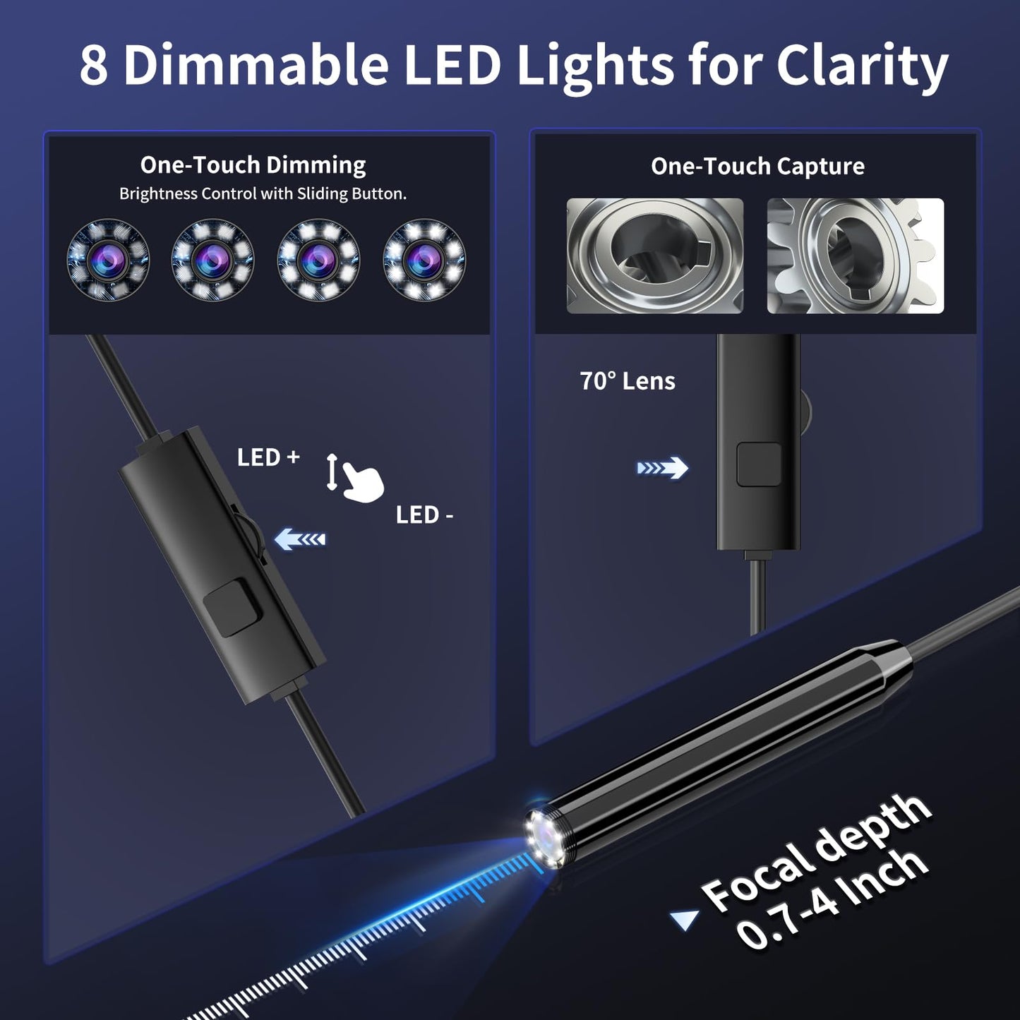 CTEOUNPT Endoscope Camera with Light, 1920P HD Borescope Inspection Camera with 8 Adjustable LEDs, IP67 Waterproof Semi-Rigid Snake Cable for Android, iPhone, and iPad(32.8ft, Single Lens)