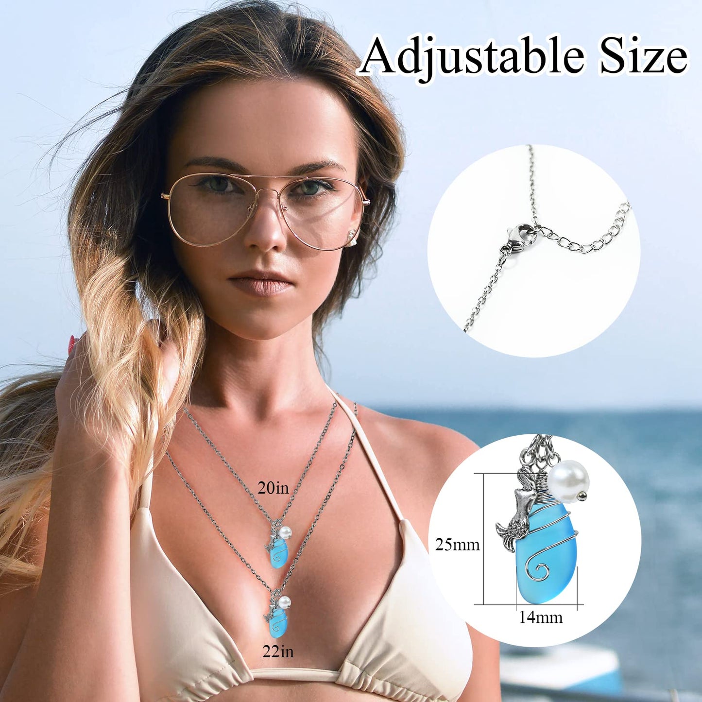 Sea Glass Necklace, Beach Jewelry for Women, Wire Wrapped Beach Necklaces with Mermaid Pendant, Freshwater Pearls, Sea Glass Jewelry, Handmade Necklaces Gift for Women Girls