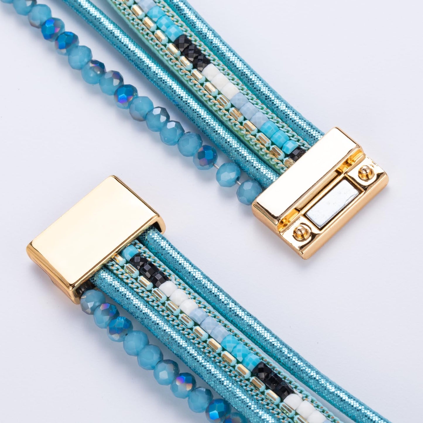 FANCY SHINY Leather Wrap Bracelets Crystal Beads Bracelet Boho Cuff Stone Charm Bracelets with Clasp Costume Jewelry for Women(Teal)