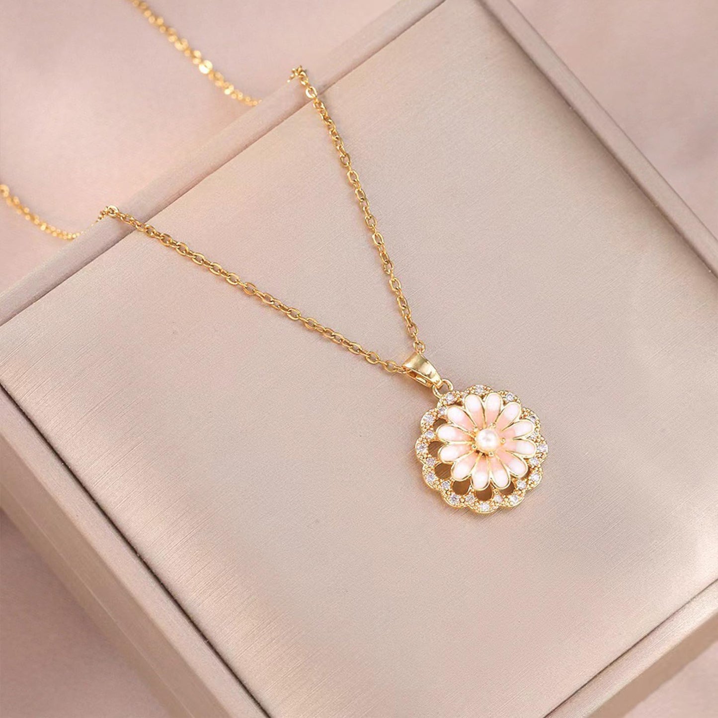 KONPJE Sunflower Fidget Necklace for Women Gold Moon Necklace Rotating Heart Necklaces Spinning Crystal Sunflower Anxiety Necklaces Crescent Moons Jewelry Accessories (Pink and White)
