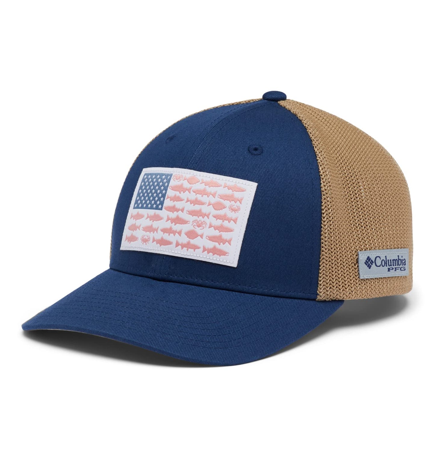 Columbia Unisex PFG Fish Flag Mesh Ball Cap - Low, Carbon/Ancient Fossil/PNW Flag, Small/Medium