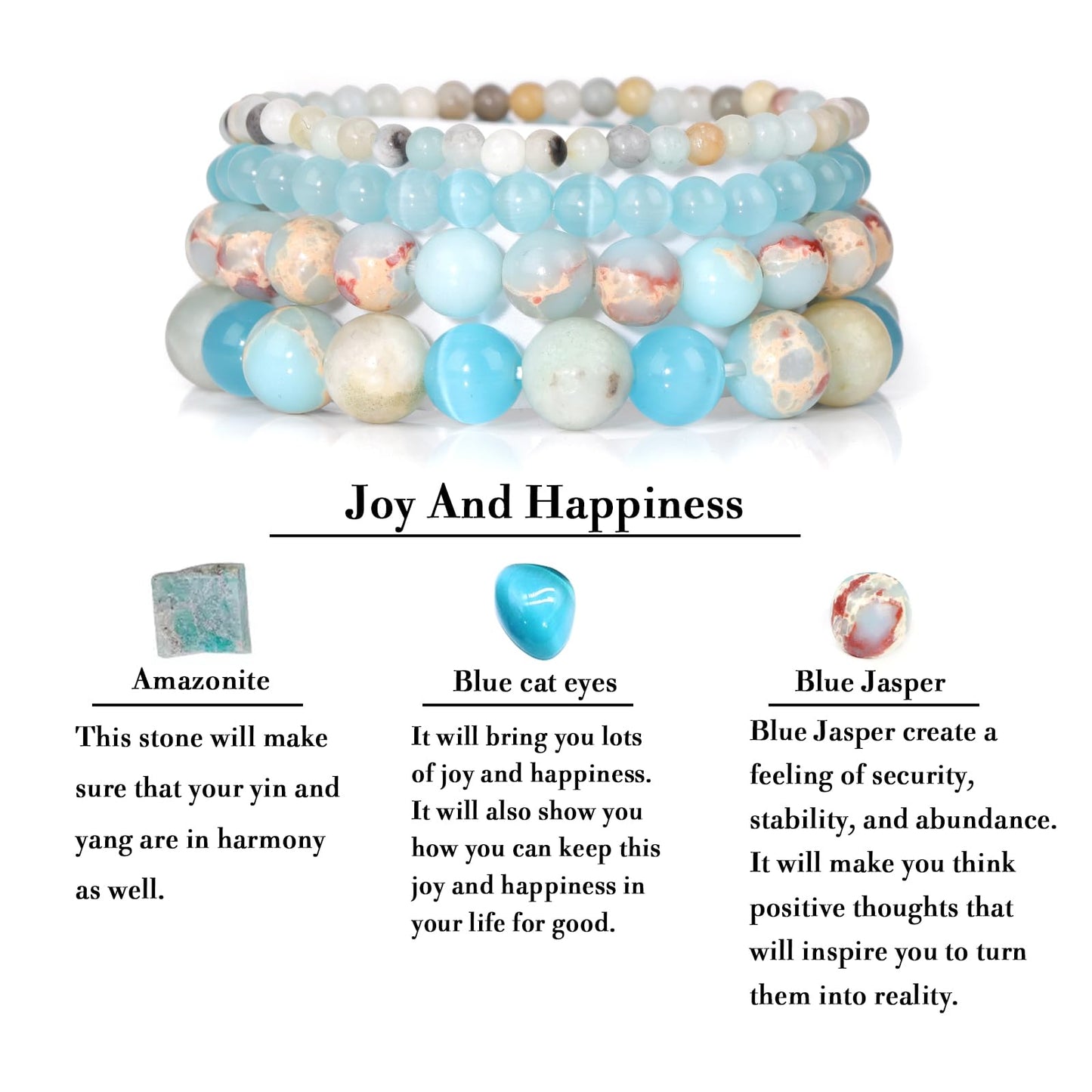 Vinswet 4pcs Natural Stone Beaded Bracelets for Women Men,Healing Crystal Gemstones Stretch Bracelet,4mm 6mm 8mm 10mm Amazonite Blue cat eyes Blue Jasper Anxiety Stress Relief Bracelet Jewelry Gifts