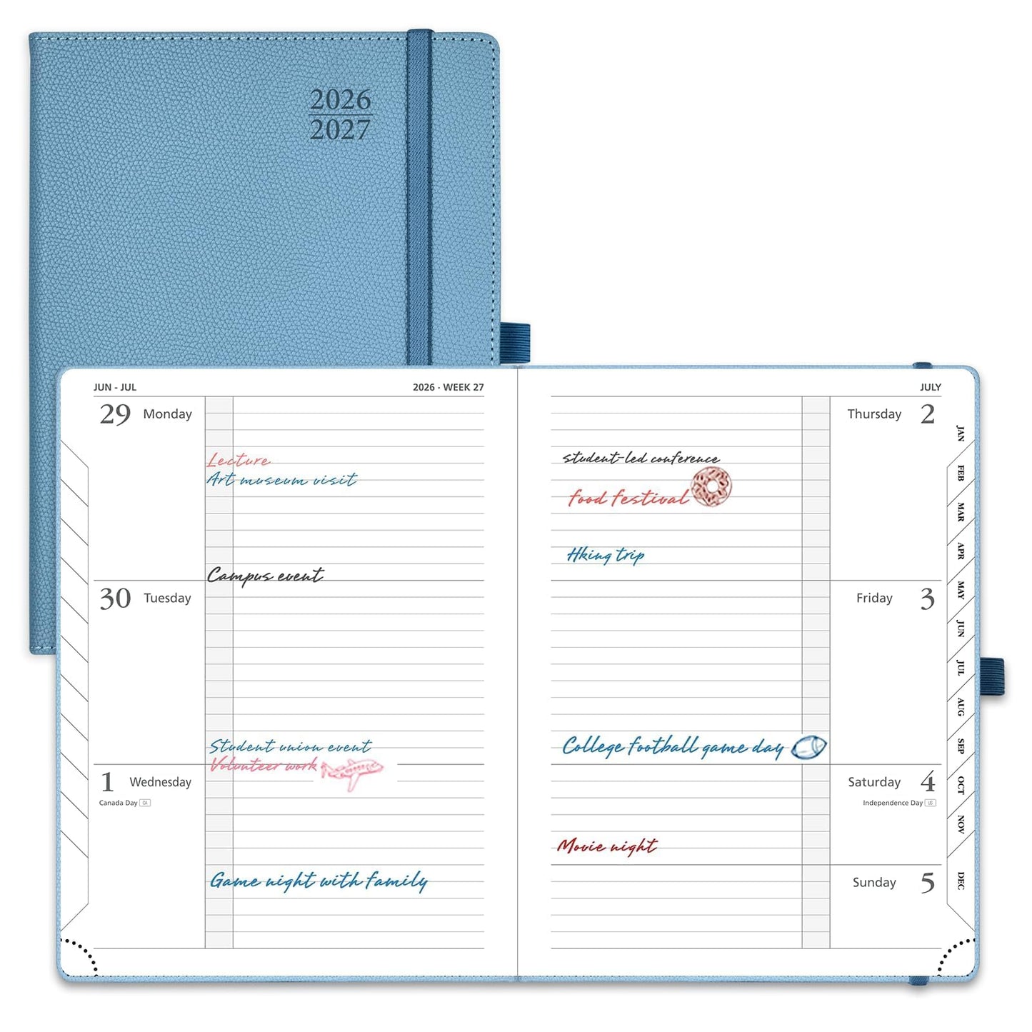 POPRUN Planner 2026-2027 (Medium 6.75"x 8.75"), Horizontal Weekly Notebook Jul.2026 - Jun.2027, Academic Appointment Book with Monthly Tabs, Leather Hardcover, 100 GSM - Aquamarine