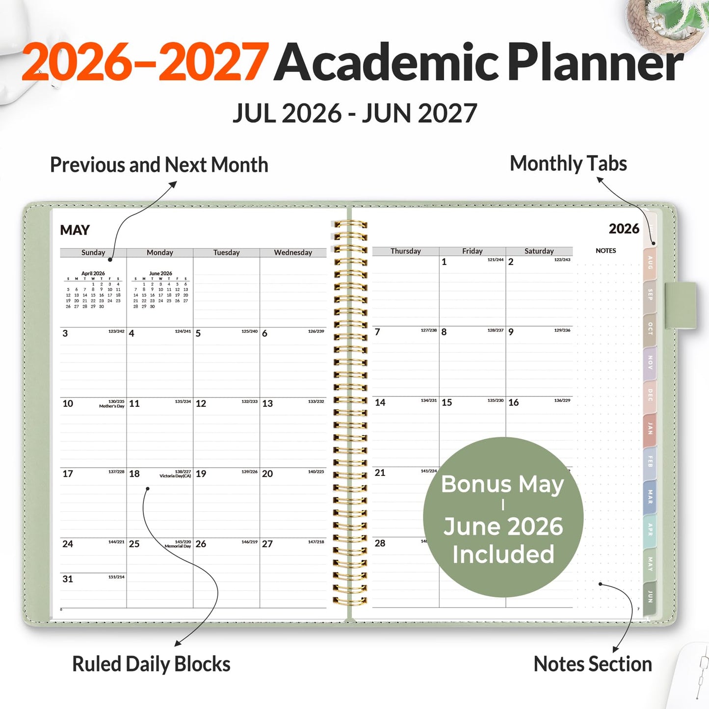 SUNEE 2026-2027 Weekly & Monthly Planner 9"x11.2" - 12 Month (July 2026 - June 2027), Vegan Leather Cover Planner Academic Year Calendar, Pocket, Notes, Monthly Tab, Green