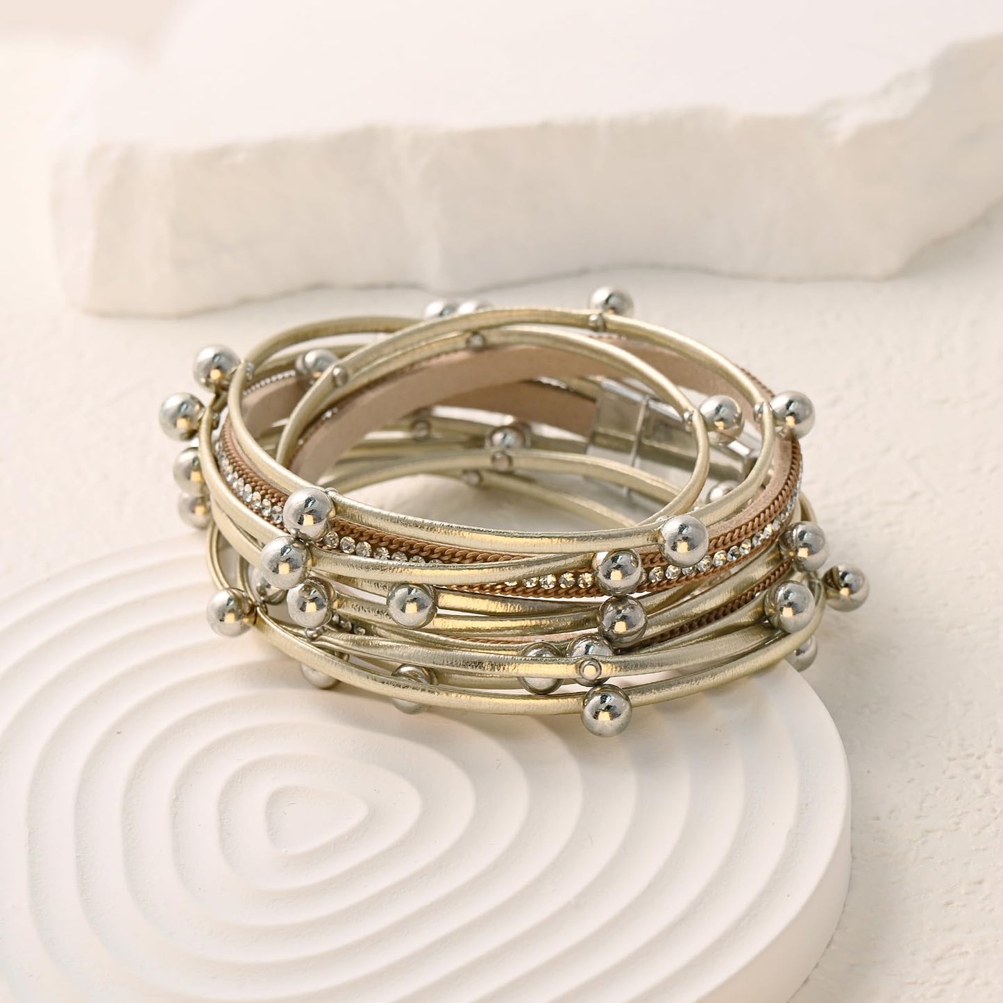 VIBILIA Boho Leather Wrap Bracelets for Women Trendy Multi-Layer Crystal Beads Cuff Bracelets with Strong Clasp Jewelry for Women-Khaki