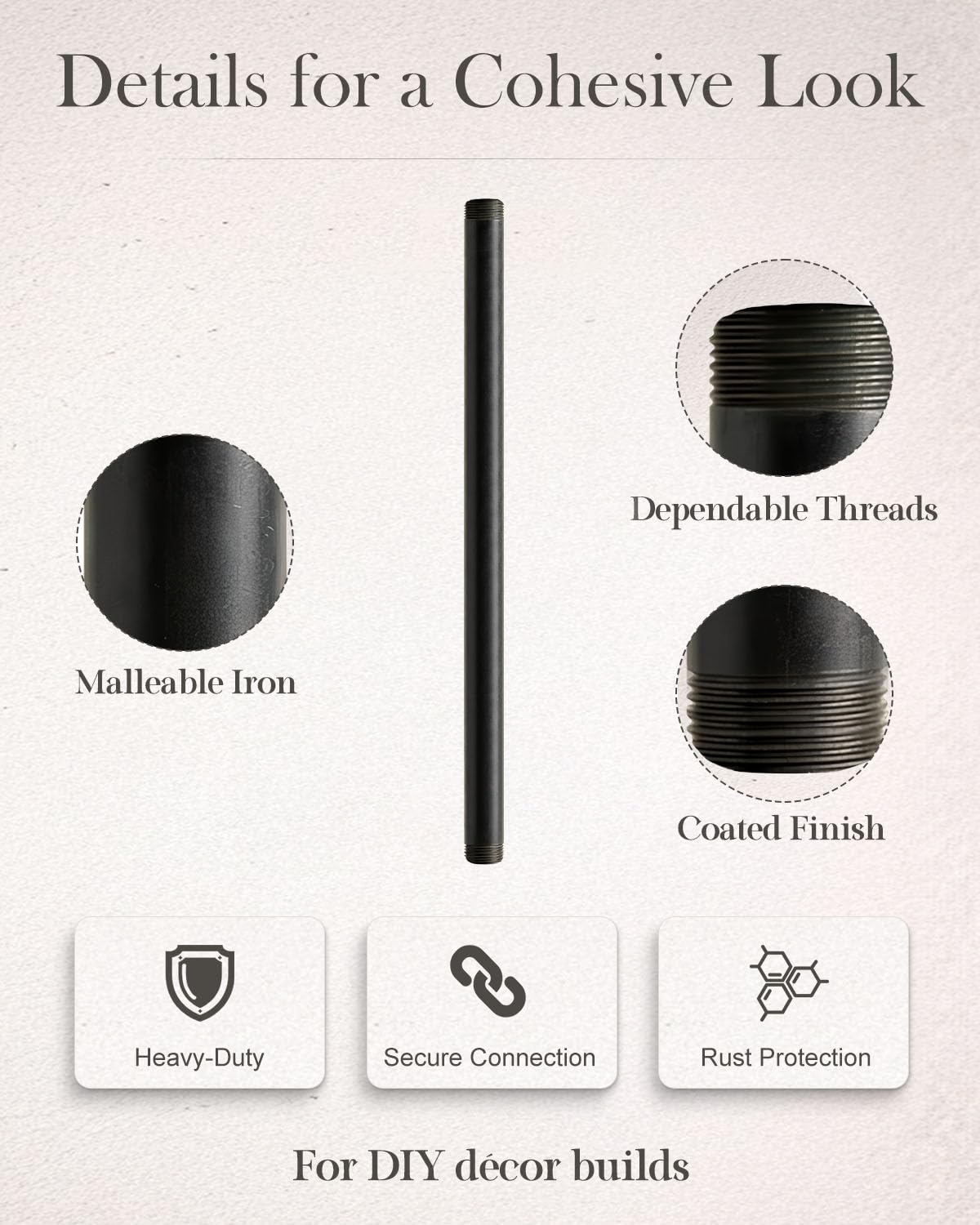 Niubid 10 Pack 1/2 Inches x 16 Inches Black Malleable Steel Nipples Fitting, DIY Steampunk Industrial Vintage Style.