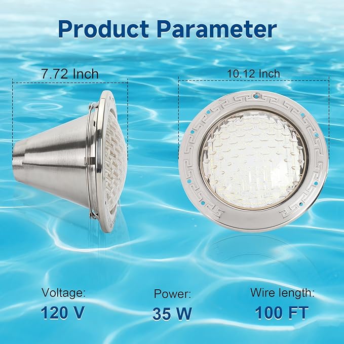 120V Pool Lights for Inground Pool, 10 Inch LED Pool Light with 50FT Cord, 35W Swimming Pool Lights Fits 10'' Large Wet Niche, Stainless Steel Housing, Cool White 4000LM,IP68 Waterproof