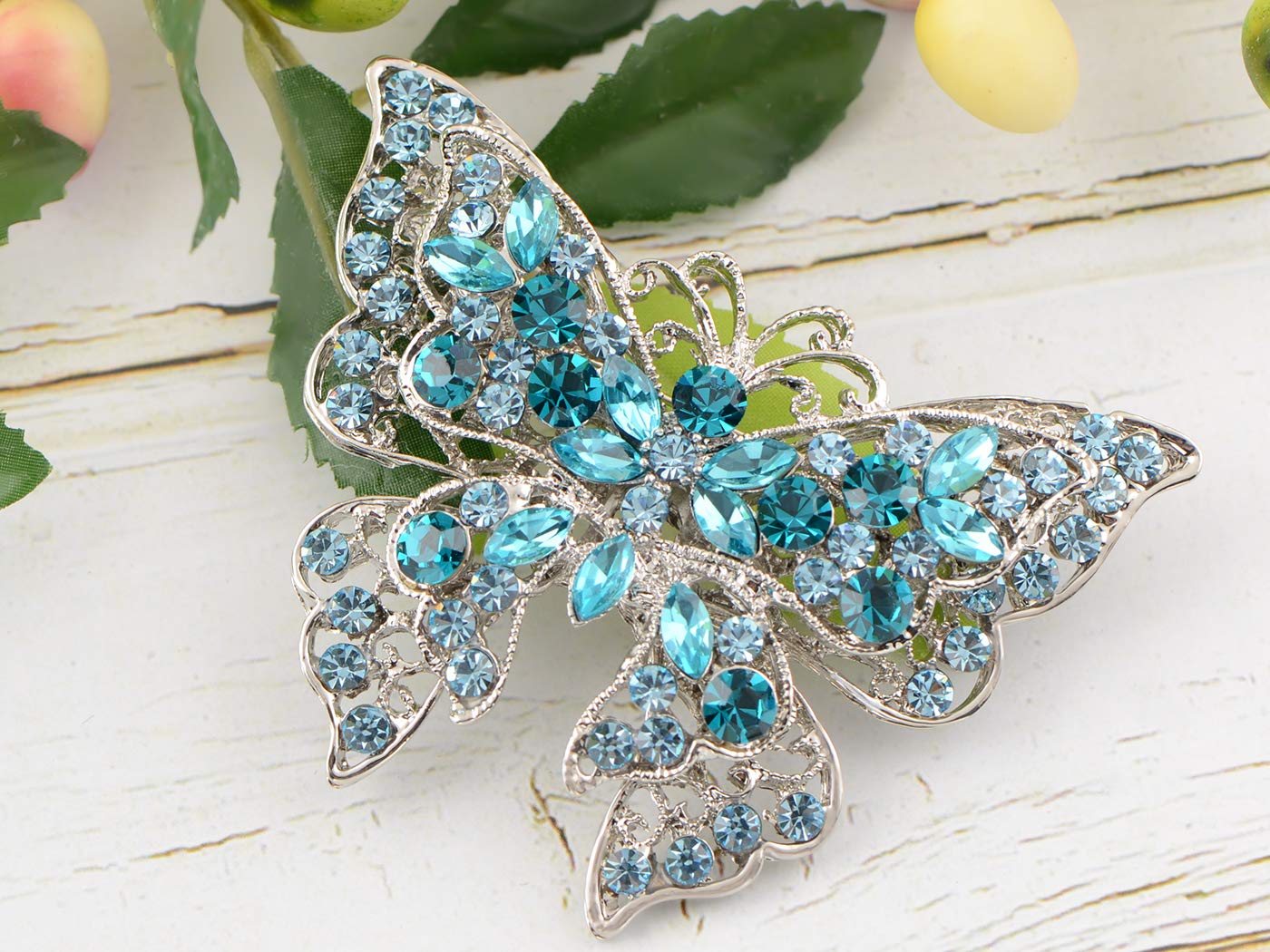 ALILANG Silvery Tone Crystal Rhinestone Hollow Out Butterfly Brooch Pin, Blue