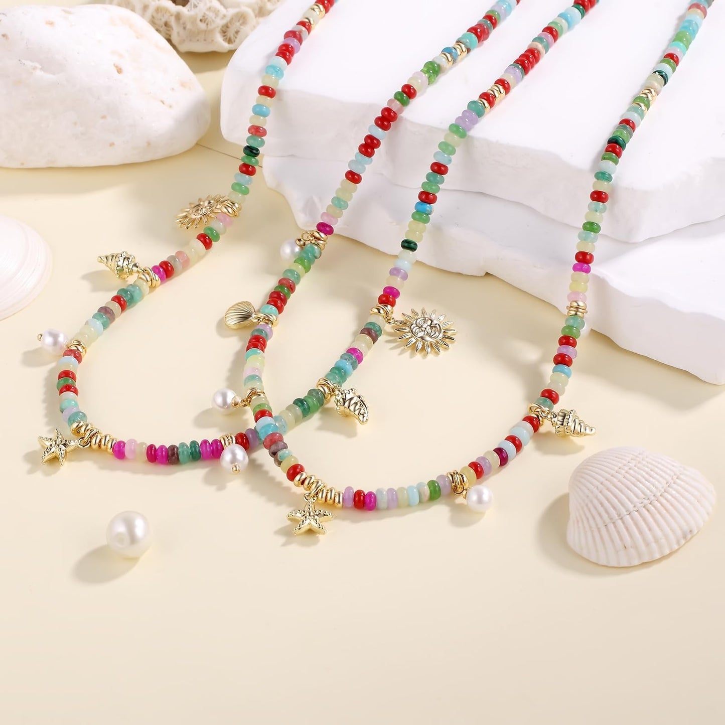 Charm Necklace for Women Colorful Beaded Gemstone Choker 14K Gold Beach Seashell Pearl Pendant Necklace Natural Stone Handmade Jewelry Gift