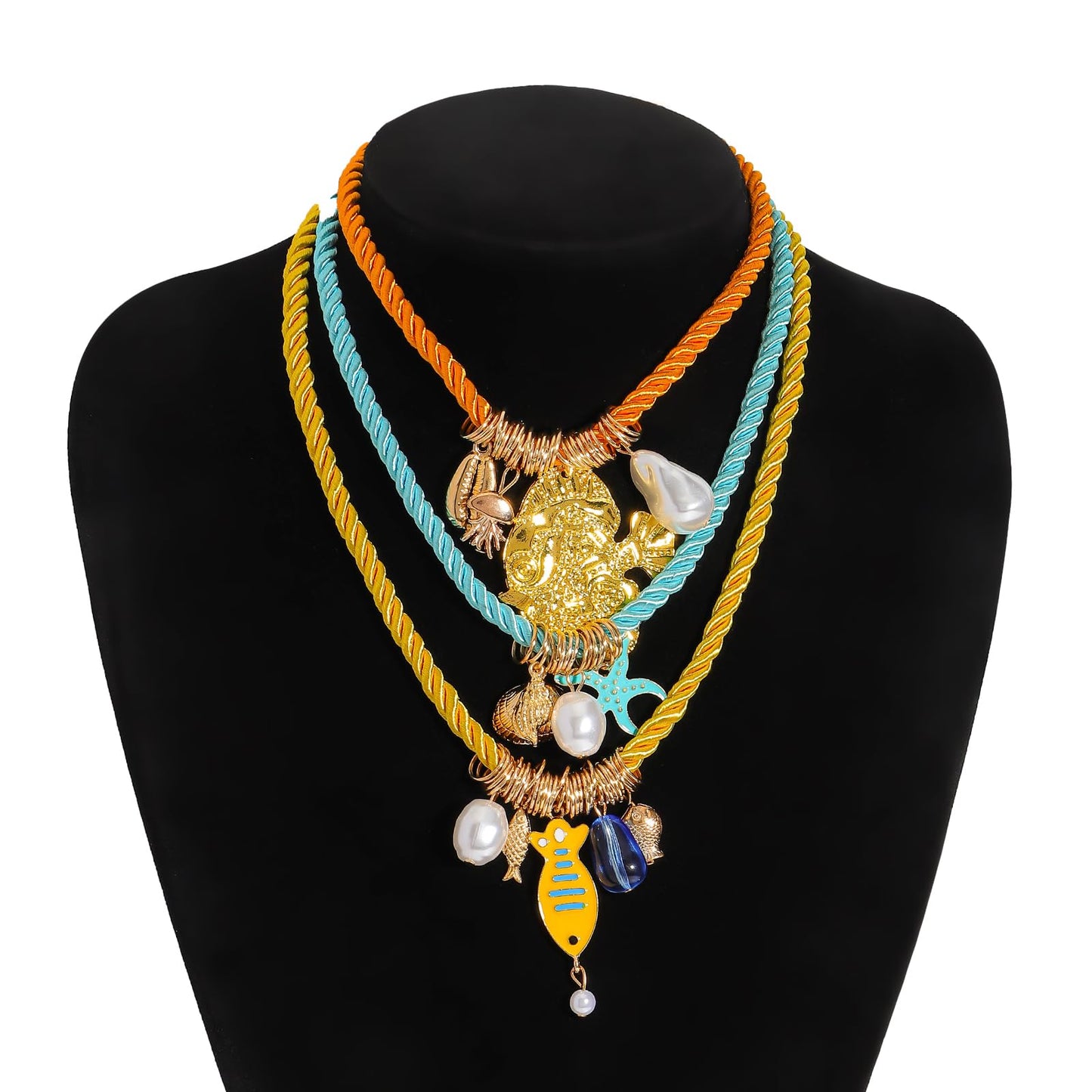 Dvacaman 3Pcs Boho Layered Beach Style Pendant Rope Necklace for Women, Summer Fish Shell Starfish Charms Necklace Jewelry Gift for Beach Party Festival