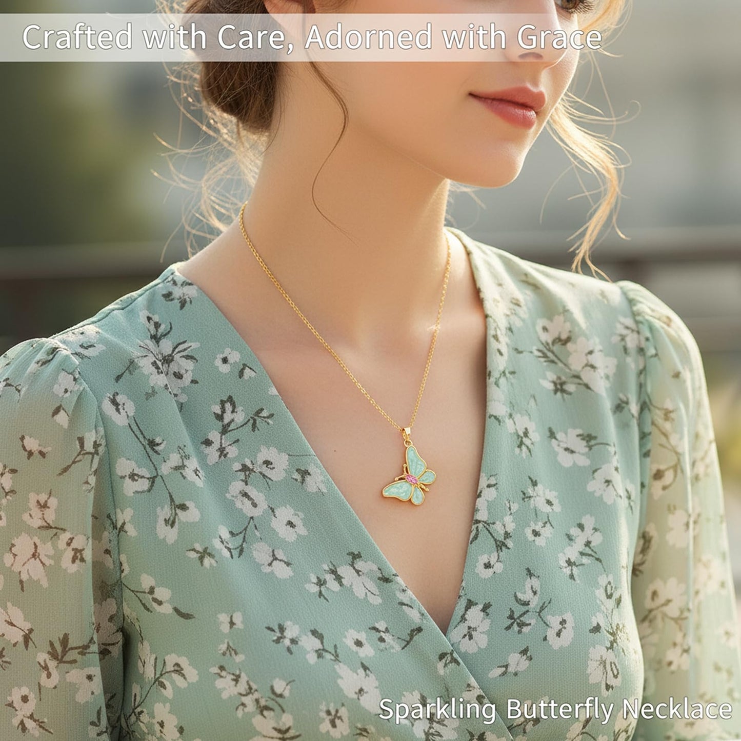 AUMRET Mint Green Enamel Lepidolite Butterfly Necklace For Women-Gold Plated Rose Quartz October Birthstone Necklace For Valentine's Day Mother's Day Christams Birthday Gifts