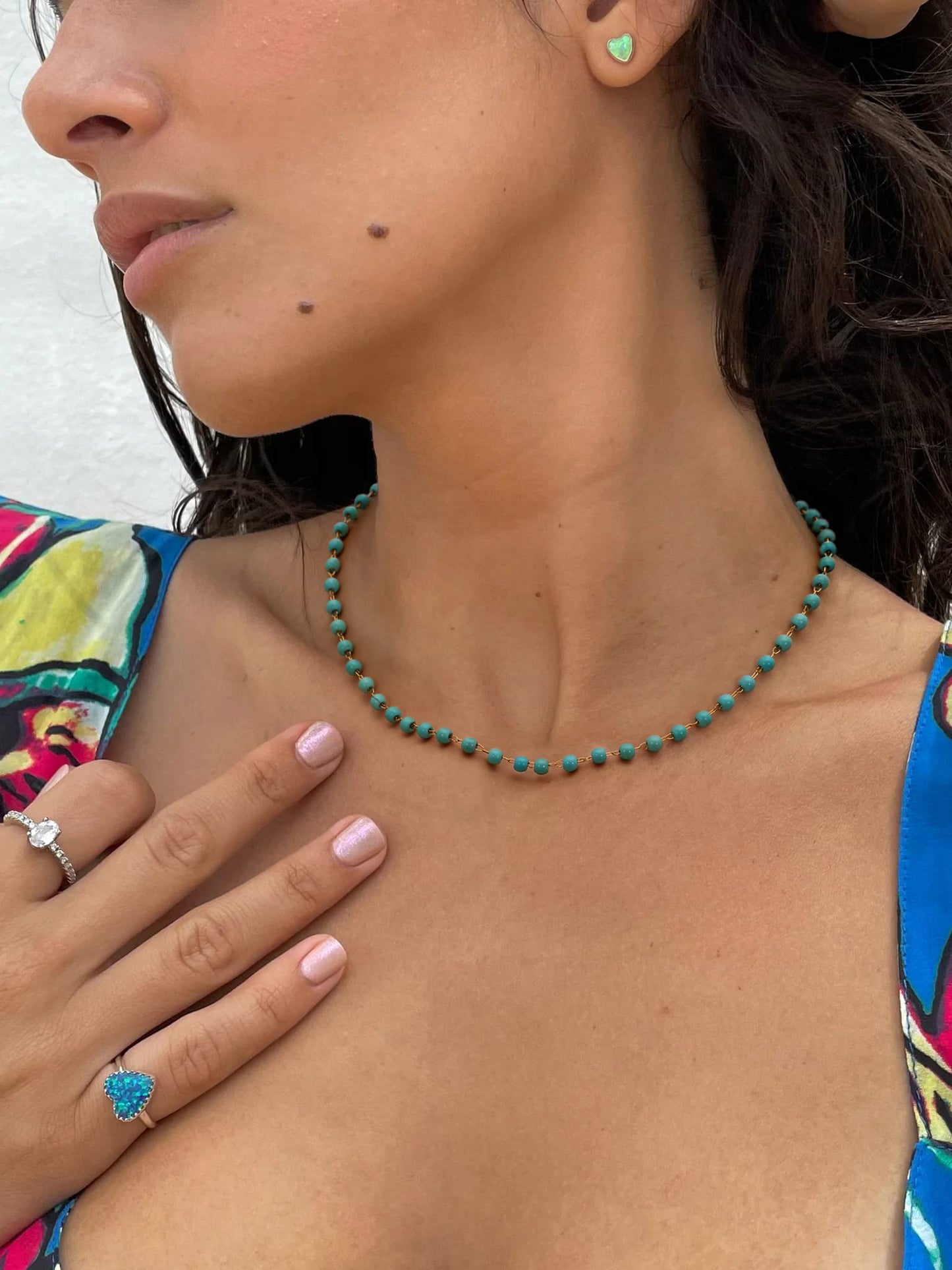 POTESSA Turquoise Beaded Choker Necklace 18K Gold Plated Beaded Tiny Chain Bohemian Hawaiian Jewelry for Women