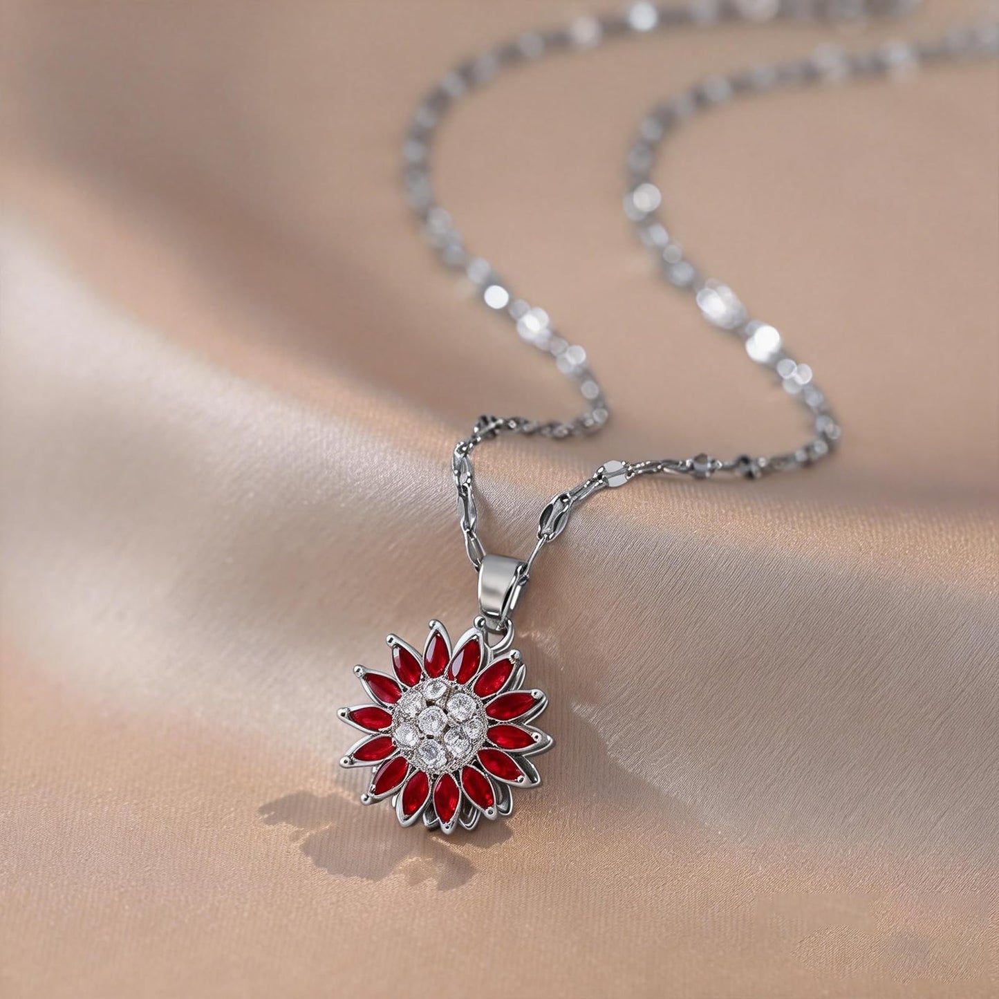 KONPJE Sunflower Fidget Necklace for Women Gold Moon Necklace Rotating Heart Necklaces Spinning Crystal Sunflower Anxiety Necklaces Crescent Moons Jewelry Accessories (Silver Red)