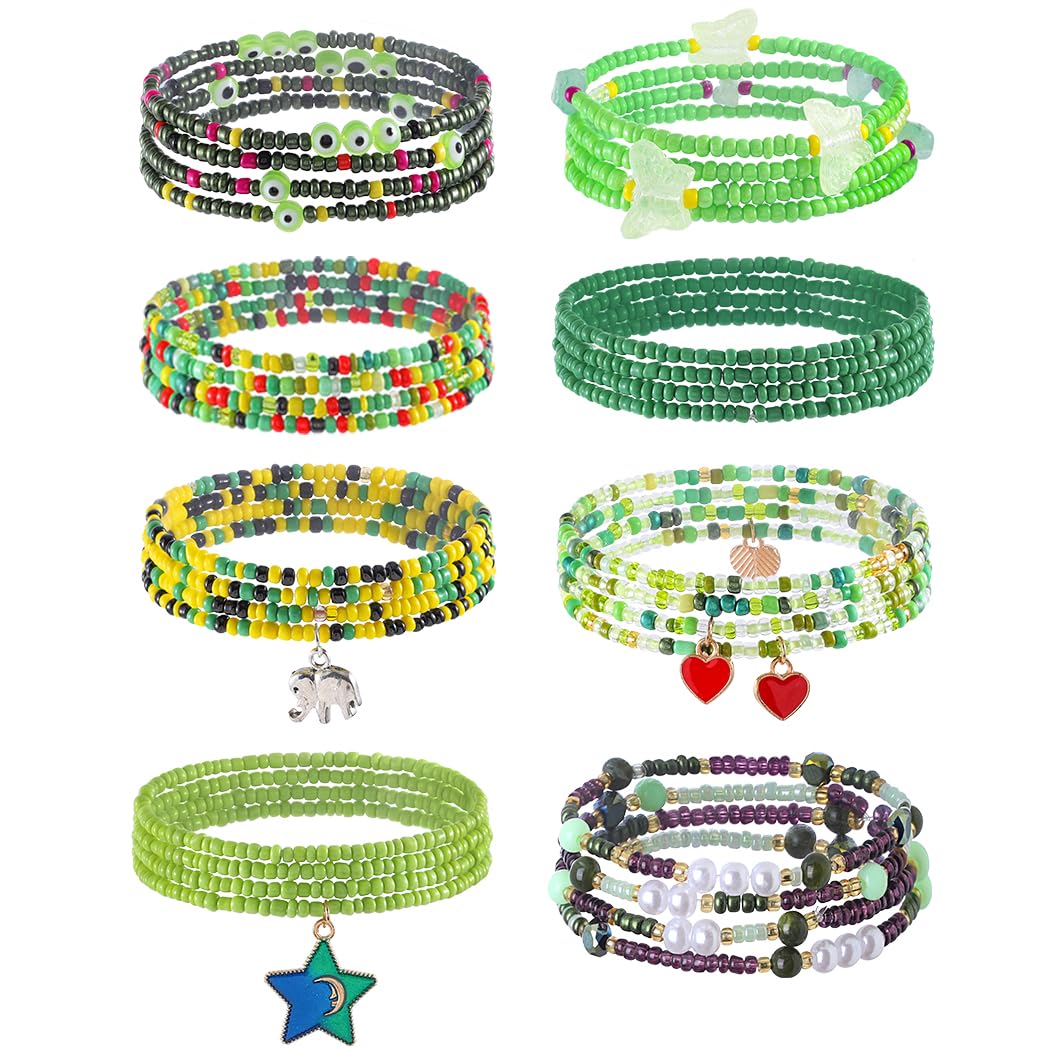 ELABEST 24-39inch African Waist Beads for Women 8Pcs Elastic Belly Beads Colorful Beaded Waist Jewelry Accessories Body Chain (Green, 23.6inch/60cm)