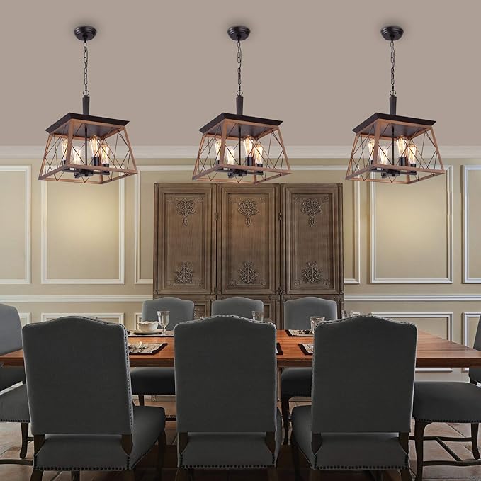 Q&S Farmhouse Rustic Chandeliers,Antique Geometric Industrial Hanging Light Bronze 4 Lights for Dining Room Kitchen Island Entryway Foyer Restaurant UL Listed
