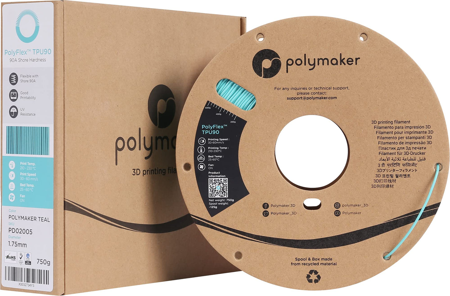 Polymaker TPU Filament 1.75mm Polymaker Teal, 0.75kg Shore 90A Flexible 3D Printer Filament 1.75mm - PolyFlex TPU90 3D Printing TPU Filament 0.75kg Teal Soft Flexible Filament