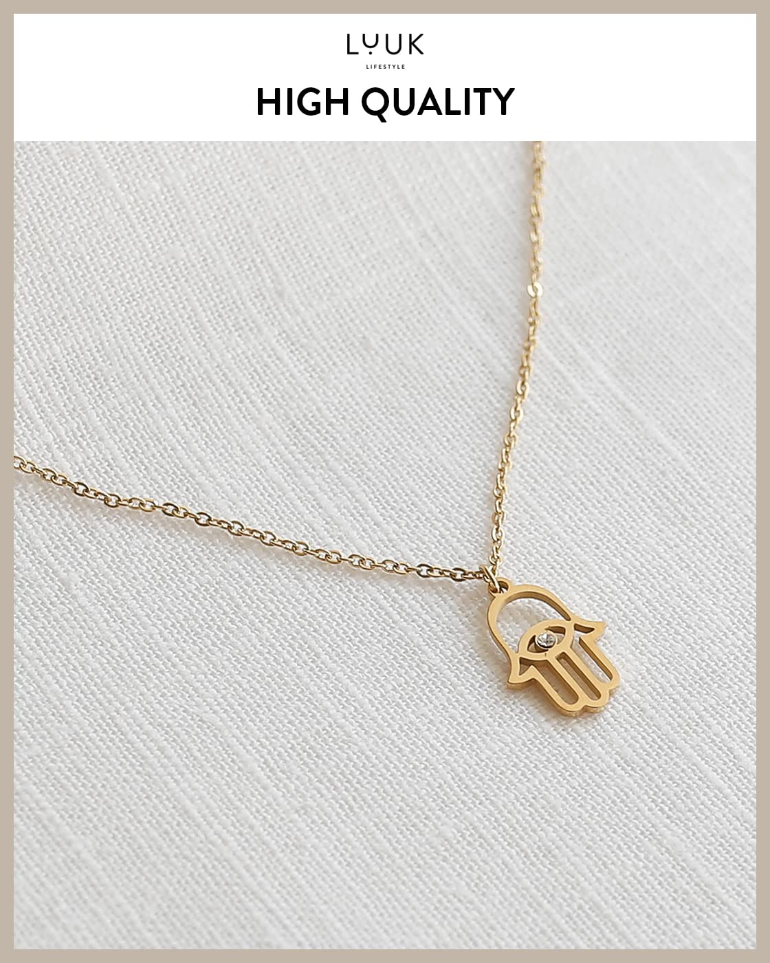 LUUK LIFESTYLE Necklace for women in stainless steel with pendant Hamsa Hand | Fatma and gift card HAPPINESS, chic and classy style, modern and minimalist fashion accessory for her, layer look, gold