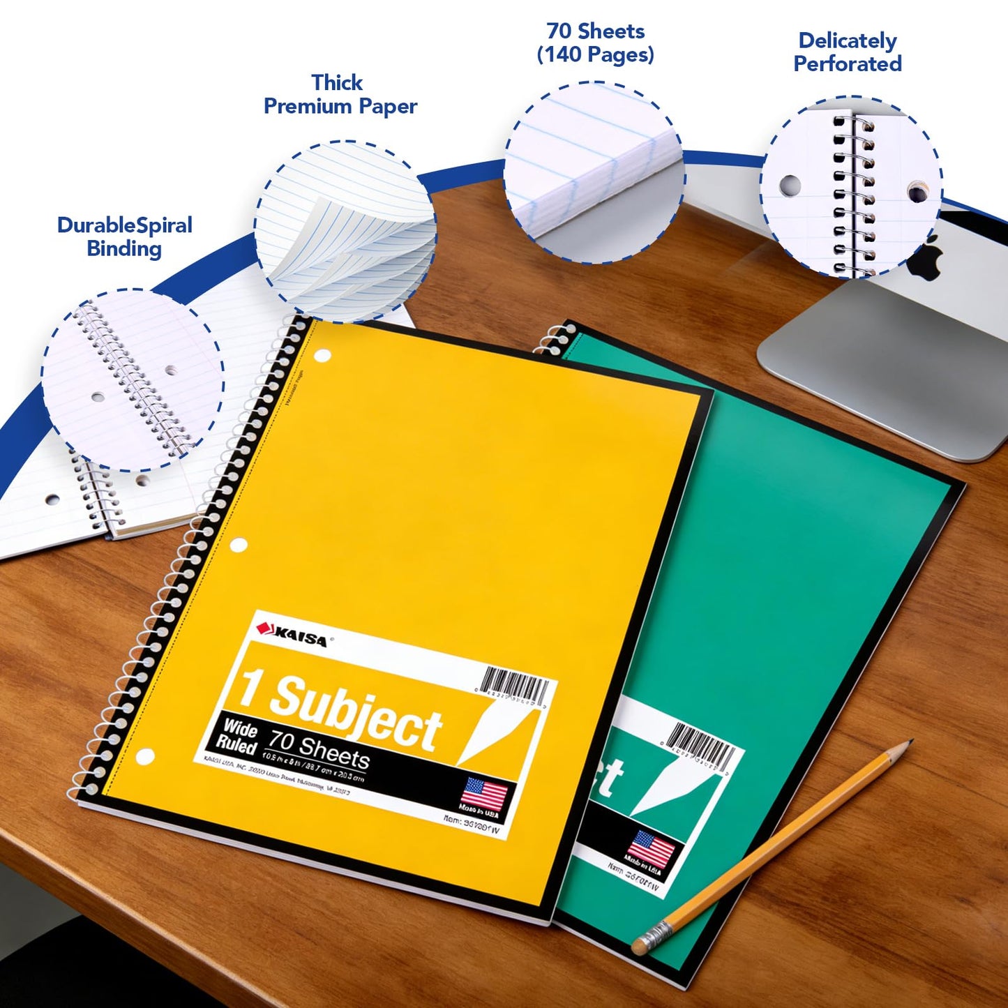Kaisa Spiral Notebooks 1 Subject Note Books,70 Sheets 6 Vibrant Color Options, 4 Pads Per Color – Abundant Stock for All Your Needs 10.5x8in Wide Ruled, Paper Note Books Home School Supplies for Students Office, 1Carton of 24Books