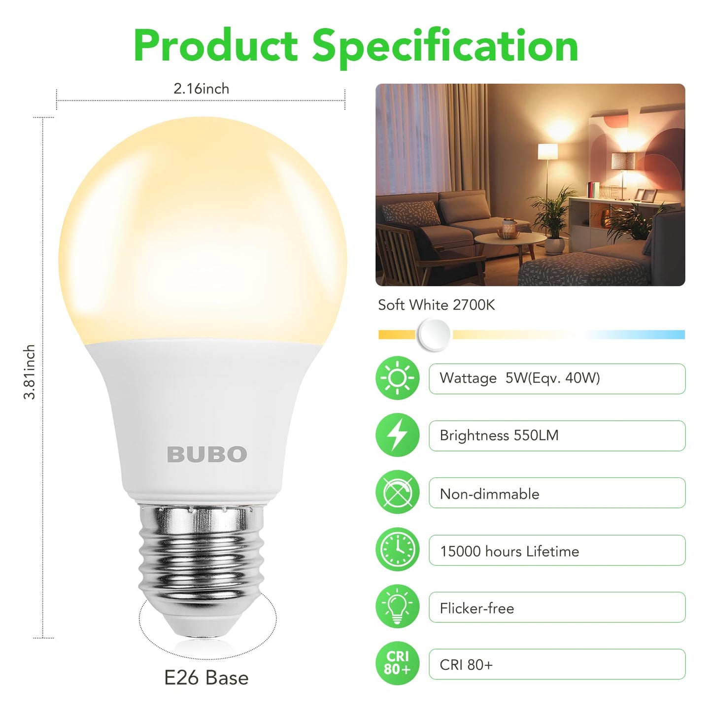 BUBO A19 LED Light Bulbs, 40 Watt Equivalent LED Bulbs, Soft White 2700K, 550 Lumens, E26 Standard Base, Non-Dimmable, 5W Soft White LED Bulbs for Bedroom Living Room Home Office, 24 Pack