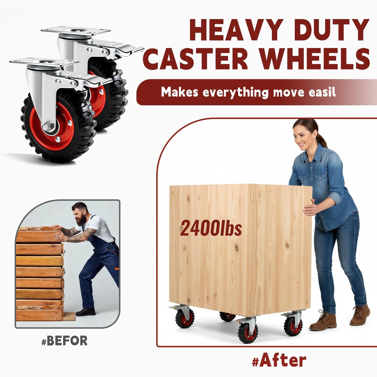 5 Inch Caster Wheels Heavy Duty with Dual-Lock Safety Brake and Rubber Tire Wheels, Heavy Duty - 400 Lbs Per Caster for Workbench, Trolley, Cabinet, Swivel Rubber Wheel 4-Packs with mounting Hardware