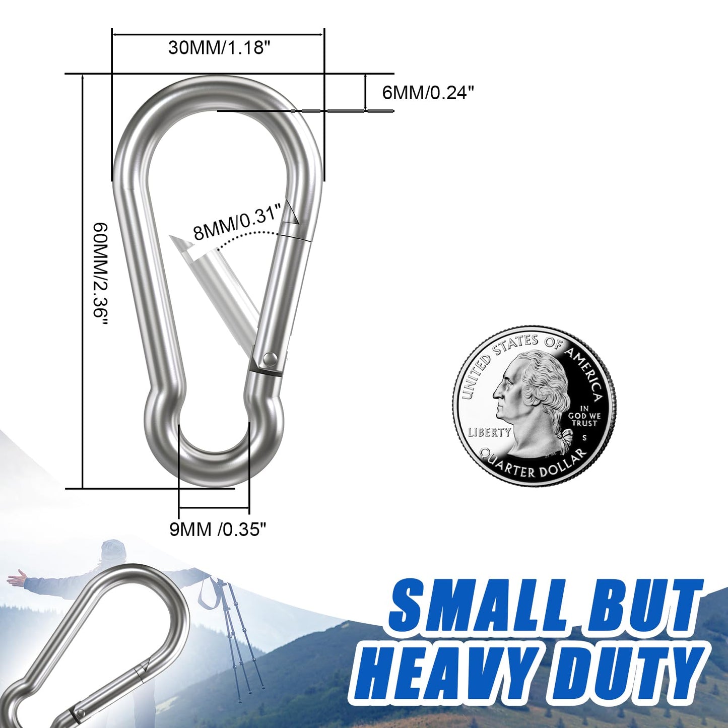 Small Carabiner Clip Hooks, 32pcs 2.36 inch Carabiners Heavy Duty, Galvanized Iron Spring Snap Hook Fits Camping Hiking, Metal Clips for Keychain Keys Rings