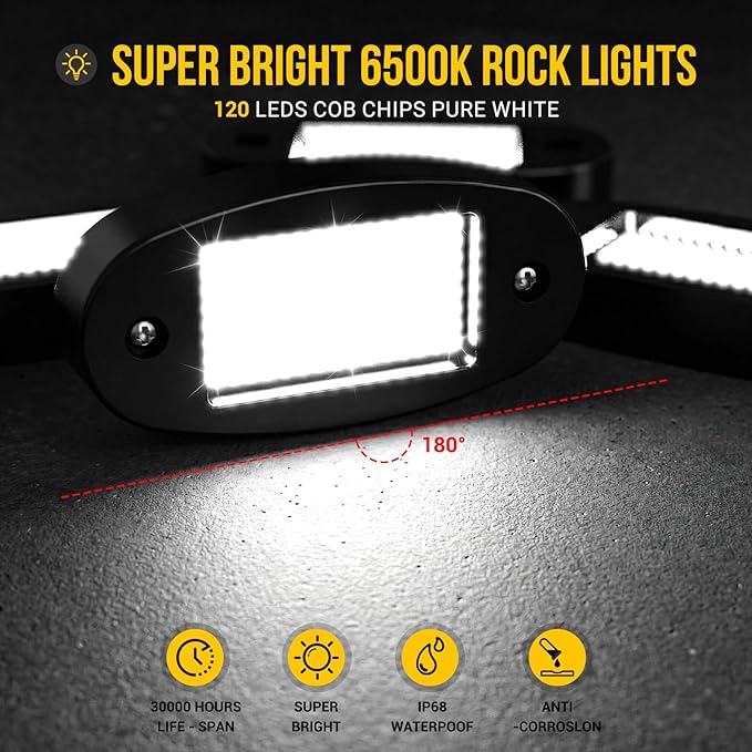8 Pods COB White Rock Lights, 120 COB Chips 6500K Pure White Super Bright Neon Underglow, IP68 Waterproof Shockproof Off-Road Light Kit for Pickup Trucks, SUV, UTV, ATV, RZR, Cars & Boats