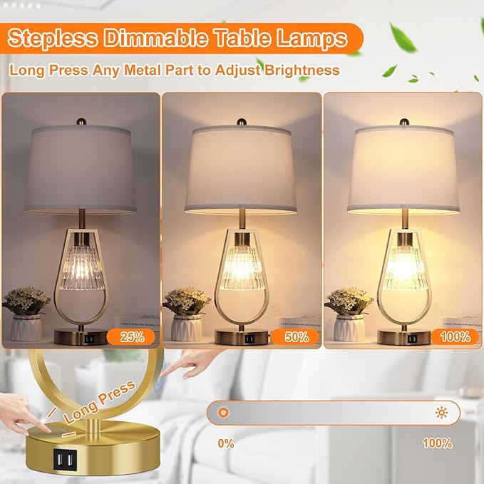 VerRon Set of 2 Touch Control Table Lamps, Dimmable Nightstand Lamps with 2 USB Ports, Bedside Lamps with Night Light, Gold Lamps with White Shade for Living Room Bedroom, 4 Bulbs Included