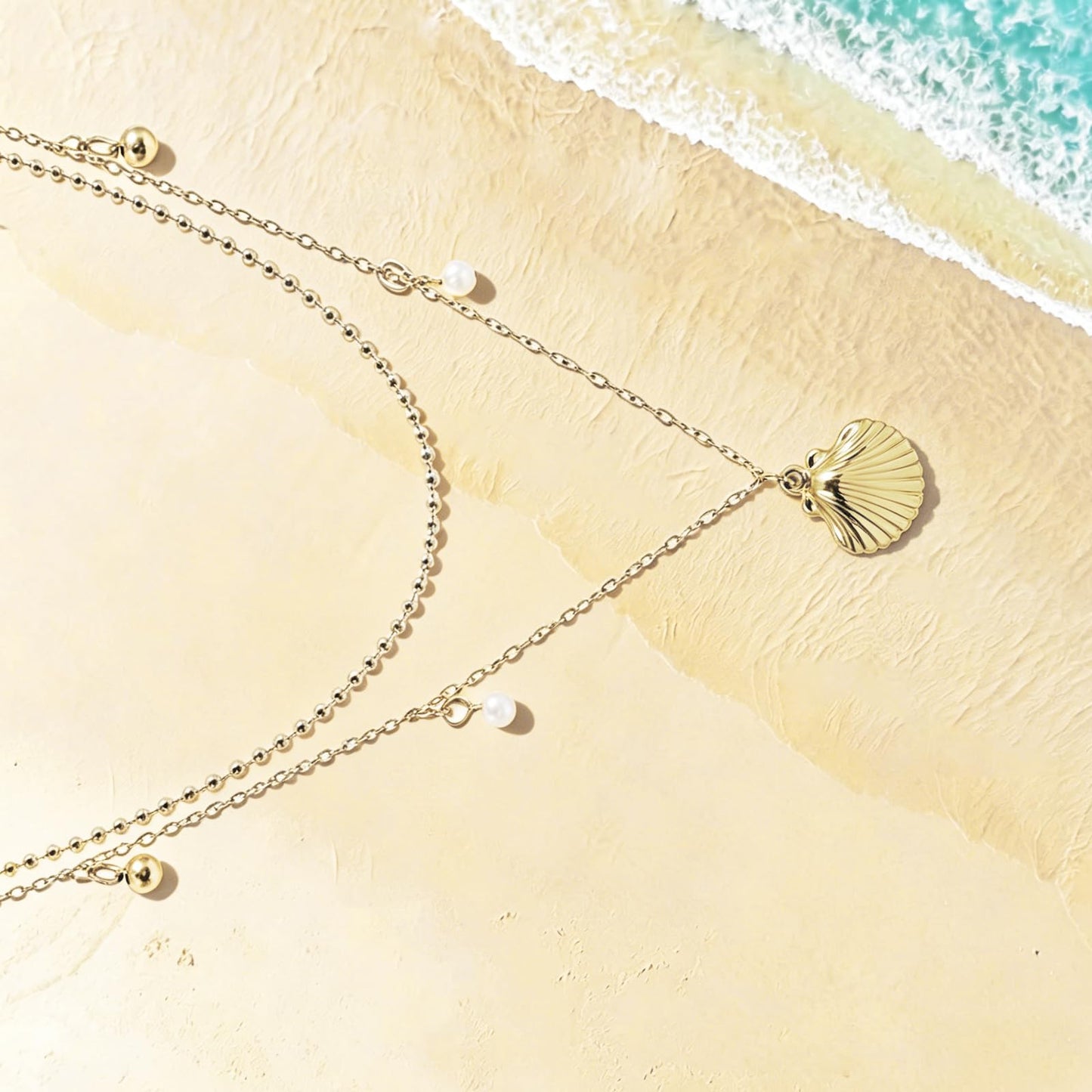 Starfish Shell Necklace for Women,14k Gold Plated Silver Layered SeaShell Pearl Pendant Charm Necklaces Dainty Non Tarnish Adjustable Waterproof Beaded Necklace Stack Jewelry for Summer Beach Vacation (Gold Shell Necklace)