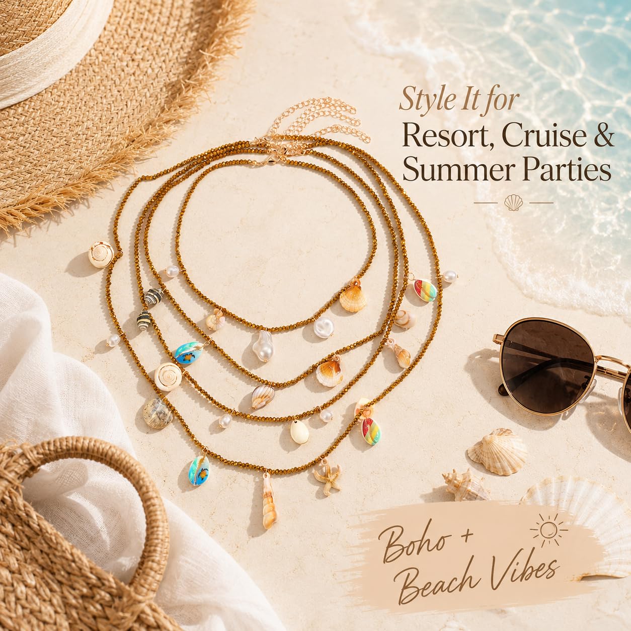 Boho Seashell Necklace For Women, Handmade Multi Layer Beaded Shell Starfish Conch Pearl Charm Pendant Necklaces Summer Beach Fashion Gifts Jewelry (4Pcs Silver)