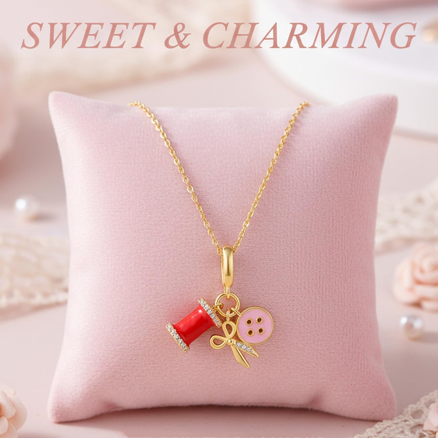 crataly Sewing Enamel Necklace For Women-Gold Plated Mini Wire Spool Button And Scissor Combination Necklace For Valentines Day Mother's Day Christmas Birthday Gifts