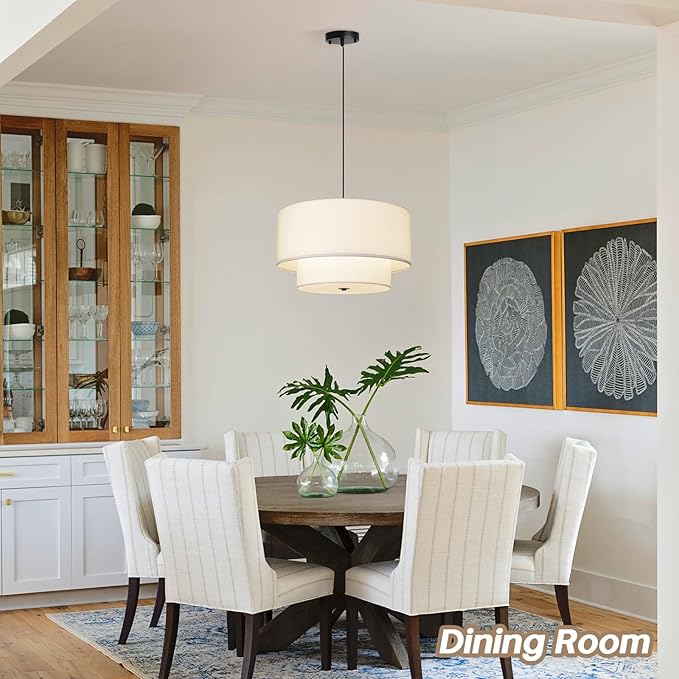 18" Drum Fabric Pendant Light, Large Modern Hanging Ceiling Chandelier Fixture with Dual Layer Fabric Shade, Ideal for Dining Room, Living Room, Bedroom, and Kitchen