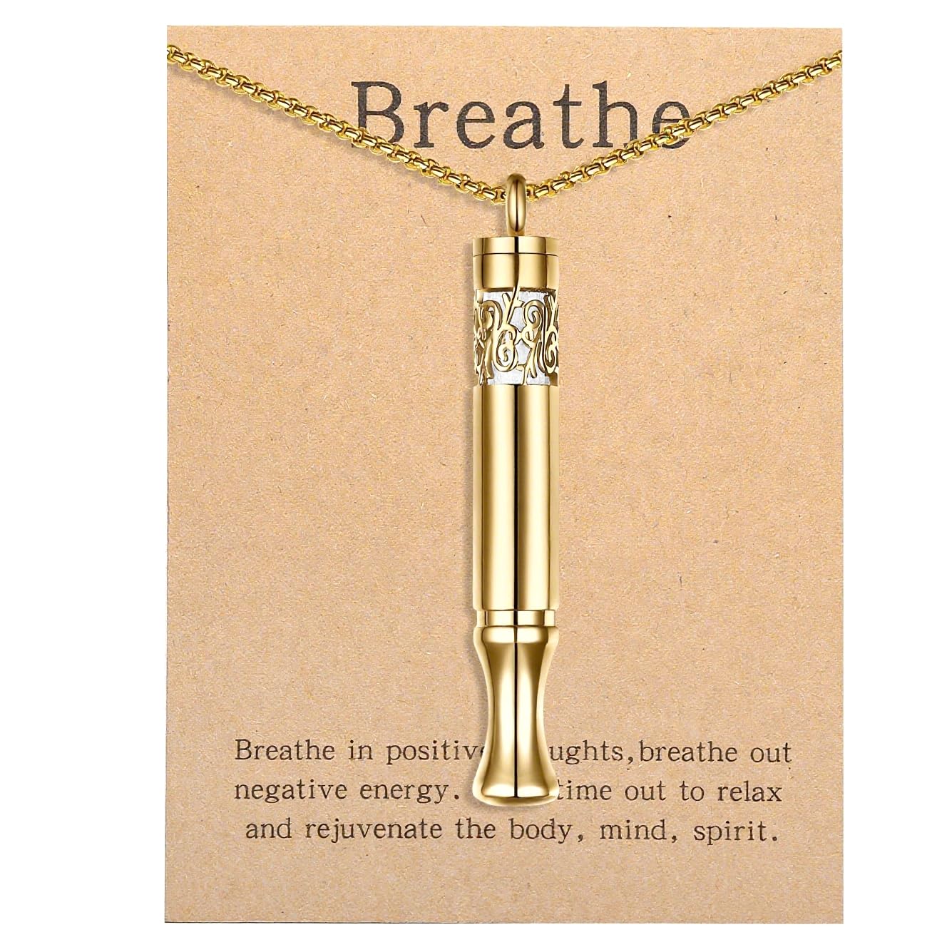 Anxiety Relief Pendant Mindfulness Breathing Necklace - Essential Oil Diffuser & Personal Inhaler Aromatherapy Necklaces for Women & Men (Gold)