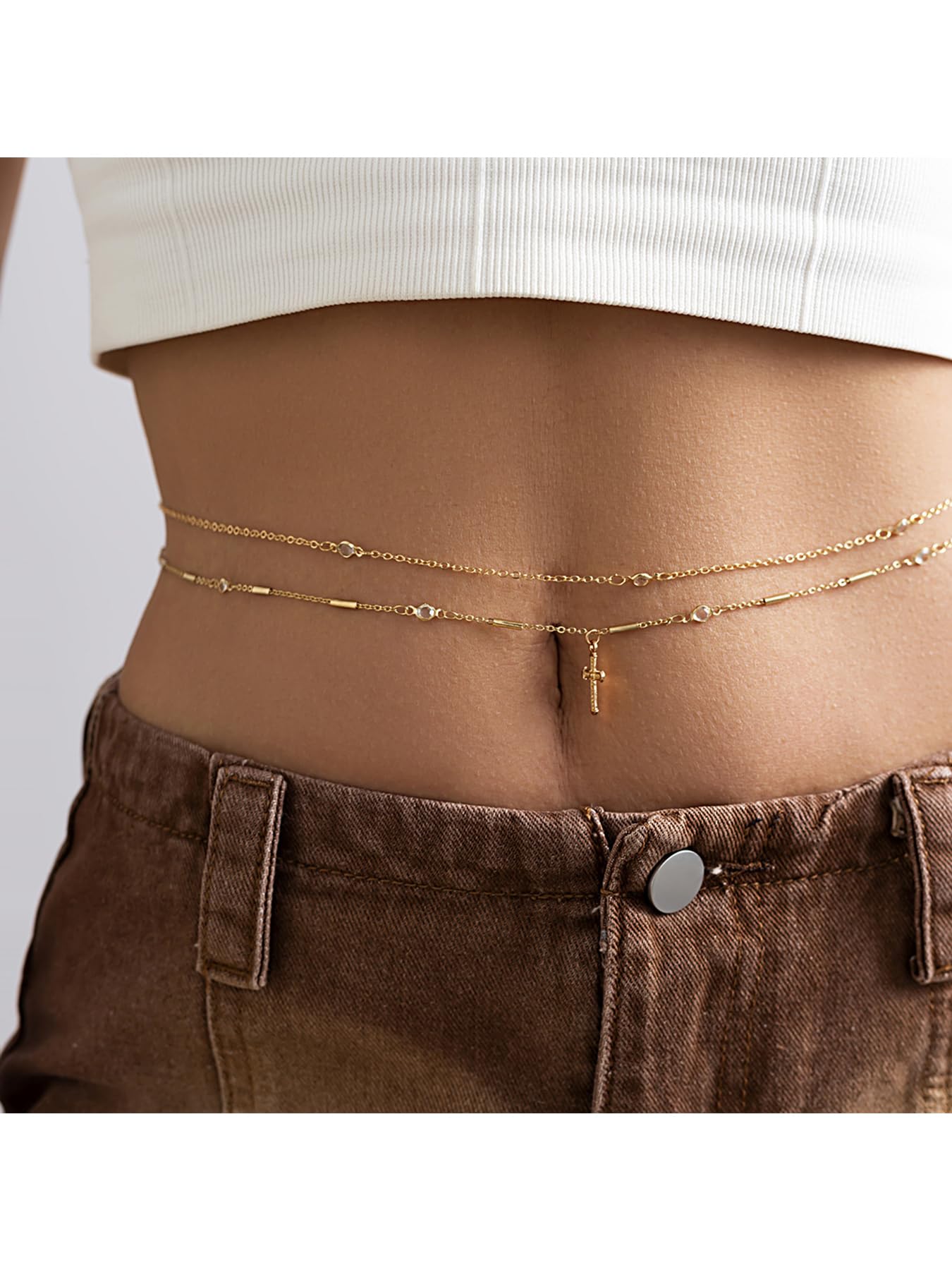 Longita Layered Belly Chain Gold Waist Chain for Women Cross Waist Jewelry for Women Gold Belly Chains Summer Stomach Jewelry Trendy Simple Sexy Body Chains Non Tarnish Waterproof Plus Size