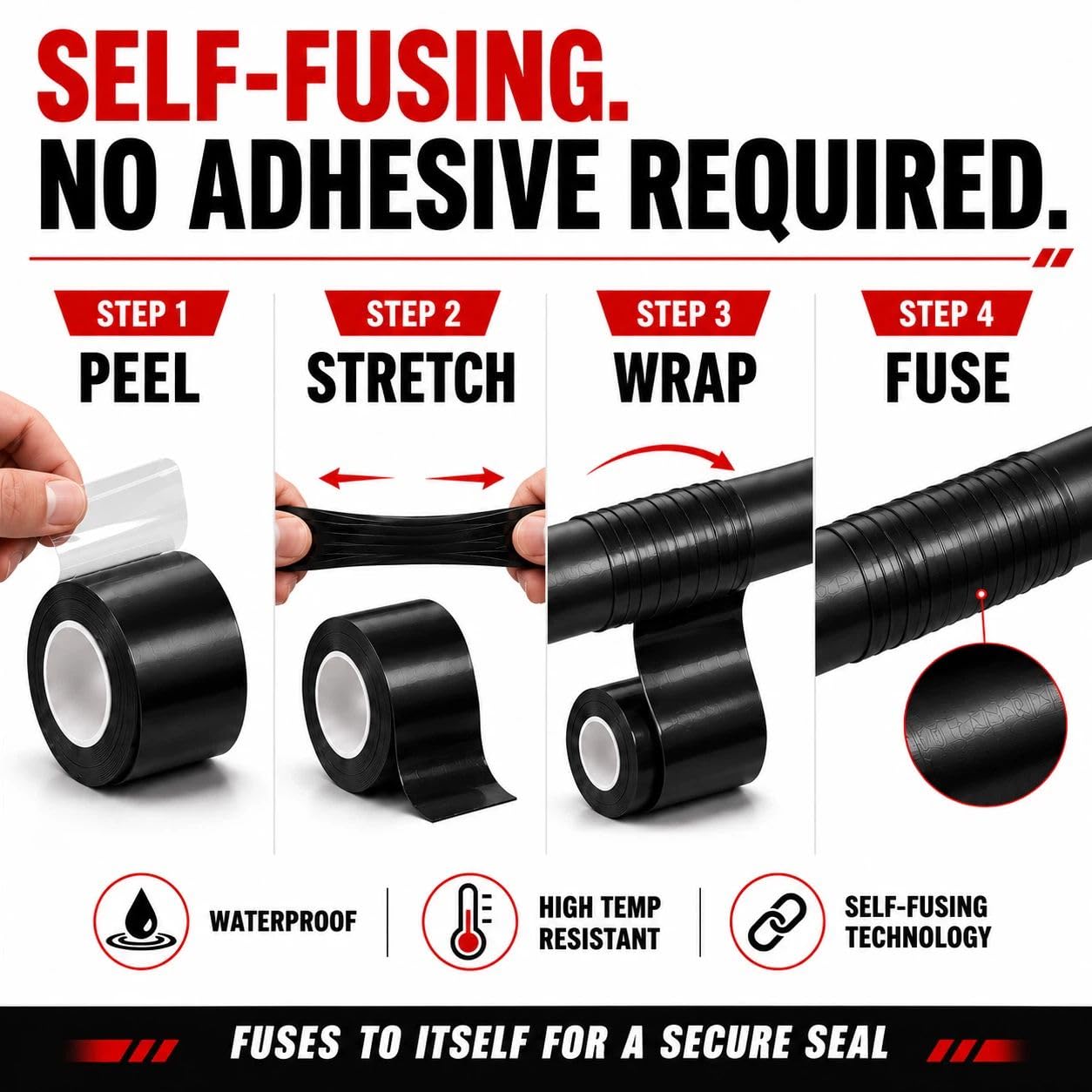 Self-Fusing Silicone Tape 1" x 33' x 20mil – Waterproof Emergency Repair Tape for Radiator Hoses, Pipes & Electrical Wiring – Heat Resistant, Insulating, Chemical Resistant, No Residue, Black