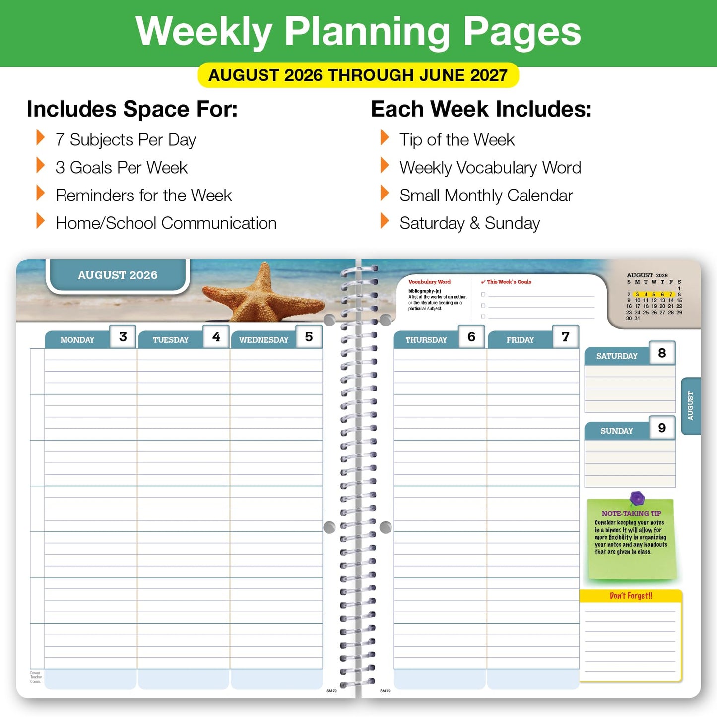 Global Datebooks 2026-2027 Middle & High School Student Planner 7" x 9" - Dated Weekly & Monthly Academic Planner w/Ruler/Bookmark & Stickers, Ideal for Homework, Matrix Style, Triple Stripe