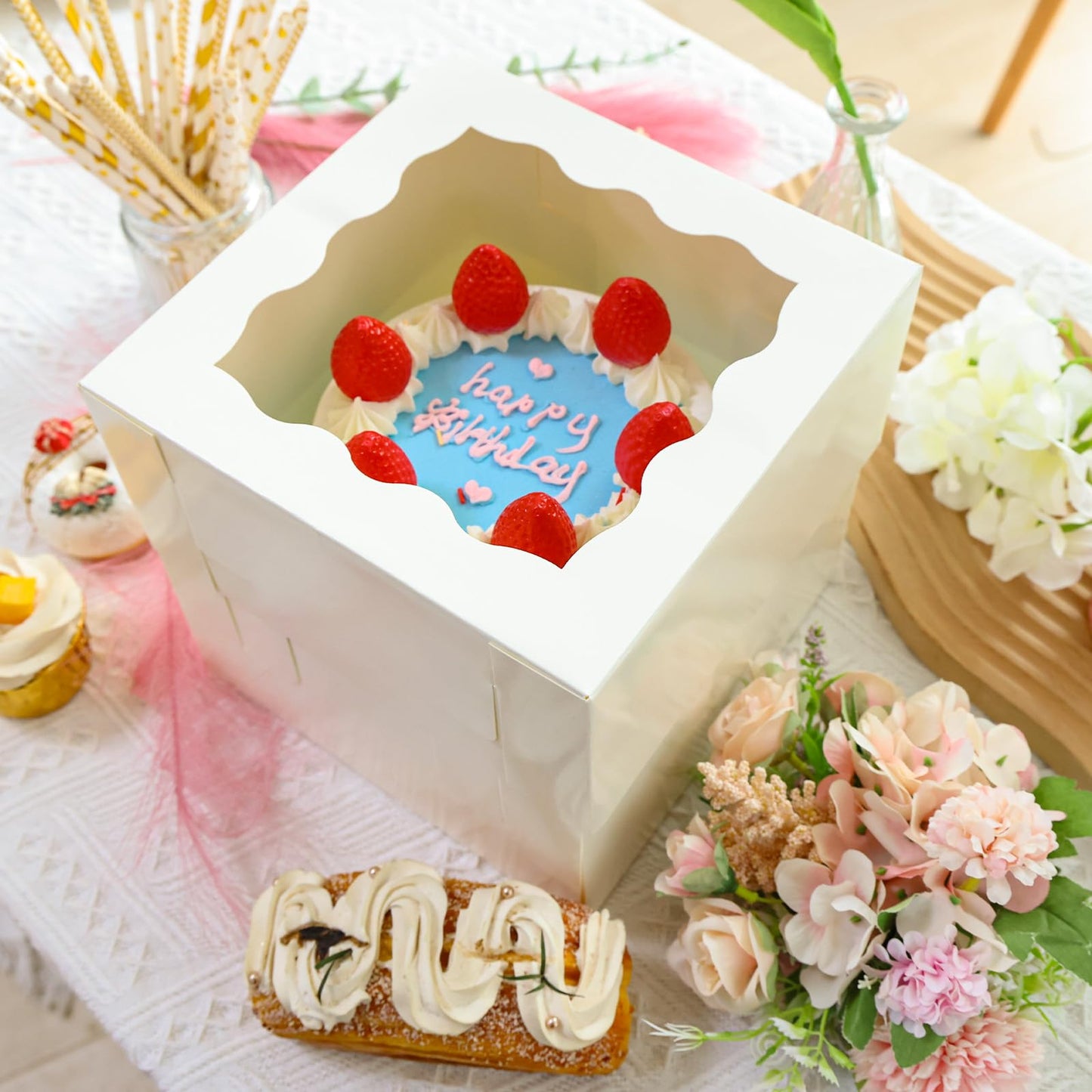 Moretoes 10pcs 8x8x8 Inches Cake Boxes with Window, White Bakery Dessert Boxes, Cajas Pasteles for Cake, Valentine's Day, Mother's Day,Wedding, Birthday, Party
