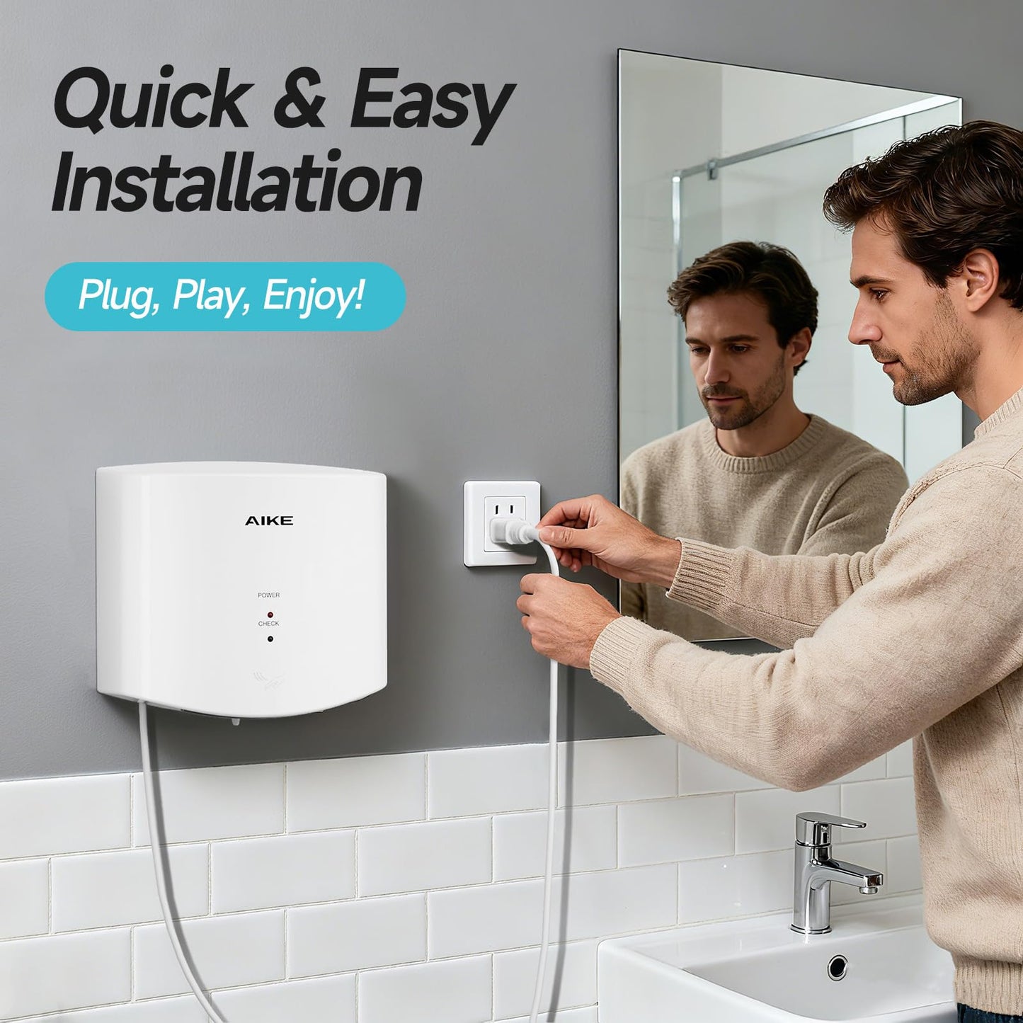 AIKE Air Wiper Compact Hand Dryer 110V 1400W White (with 2 Pin Plug) Model AK2630S