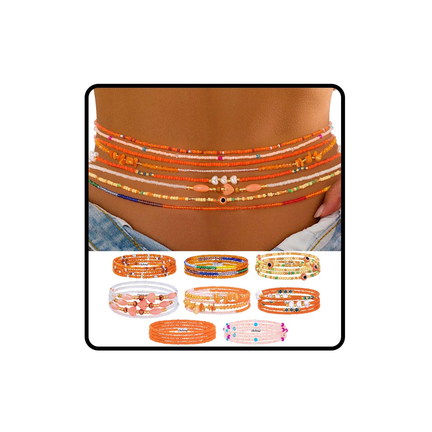 ELABEST Adjustable Handmade Waist Beads Stretchy 23-52 inch 8Pcs Chakra Body Belly Beaded Women Waist, Anklet, Bracelet, Necklace Jewelry with Screw clasp (Orange, 39.3inch/100cm)