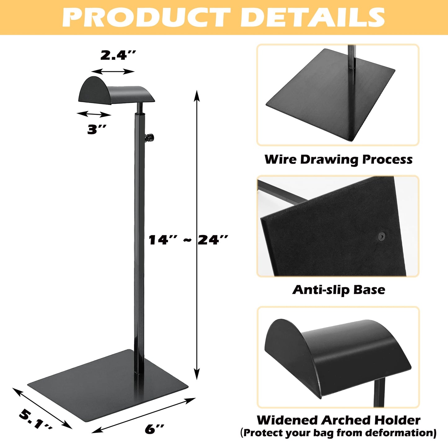 Royxen 3 Pack Purse Holder, Purse Display Stand with Adjustable Height, Bag Stands for Display, Stainless Steel Purse Rack for Bags Organizer (Black)