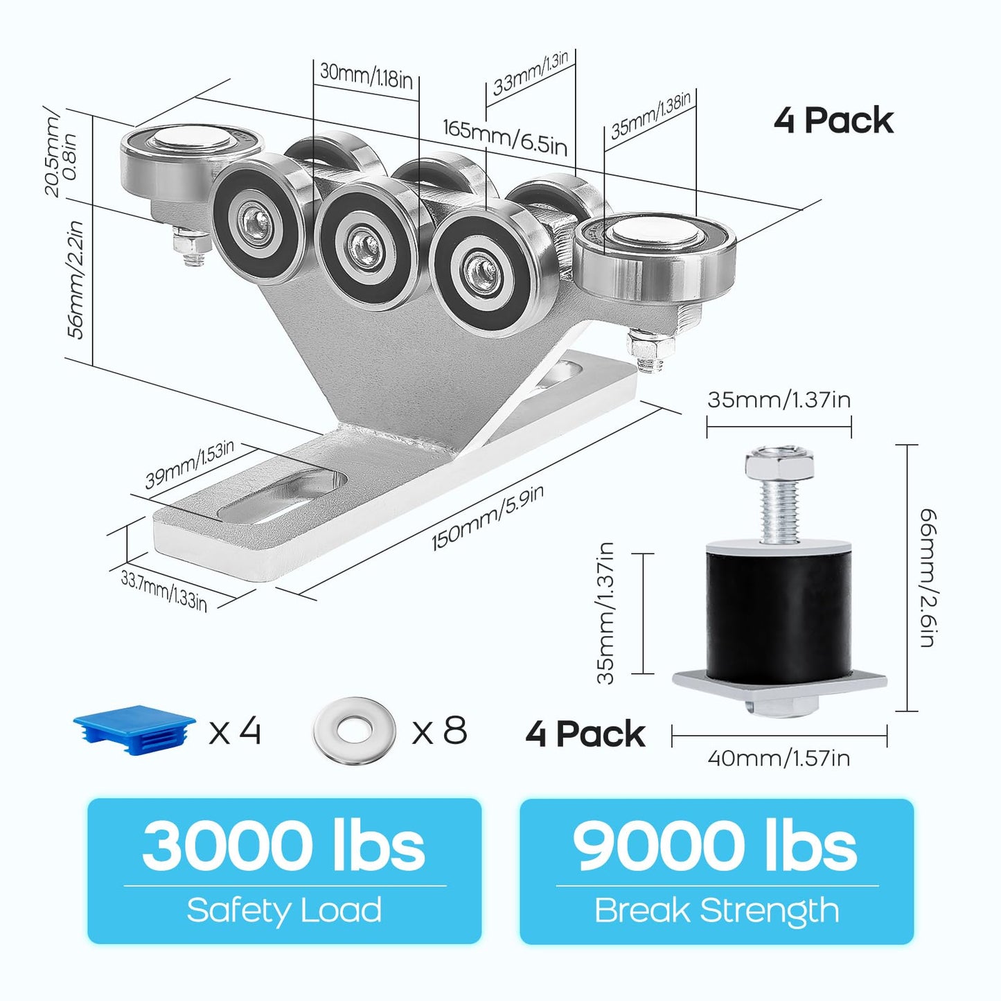 LookFox 6+2 Wheel Unistrut Trolley with Limiter, Hoist Trolley Kit for Electric Hoist, Anti-Lock & Anti-Fall, for All 1-5/8" Wide or Taller Strut Channel, for Garage/Workshop Silent Systems (4pack)