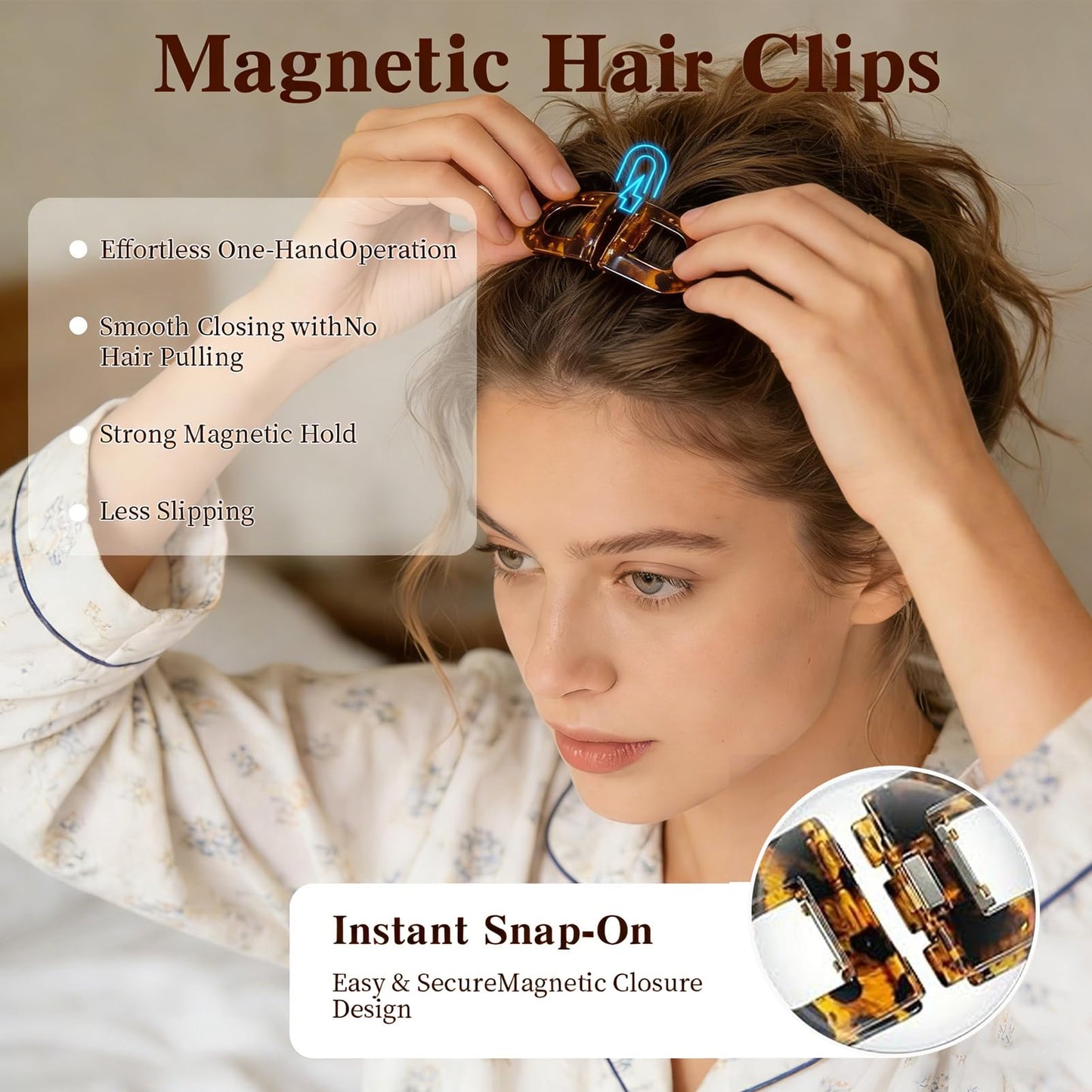 2Pcs Magnetic Hair Clips for Women, Strong Hold No-Slip Styling Clips, Seamless 2-in-1 Design for Thick/Thin Hair, Non-Dent Quick Snap Hairdressing Tools for Salon or Daily Use
