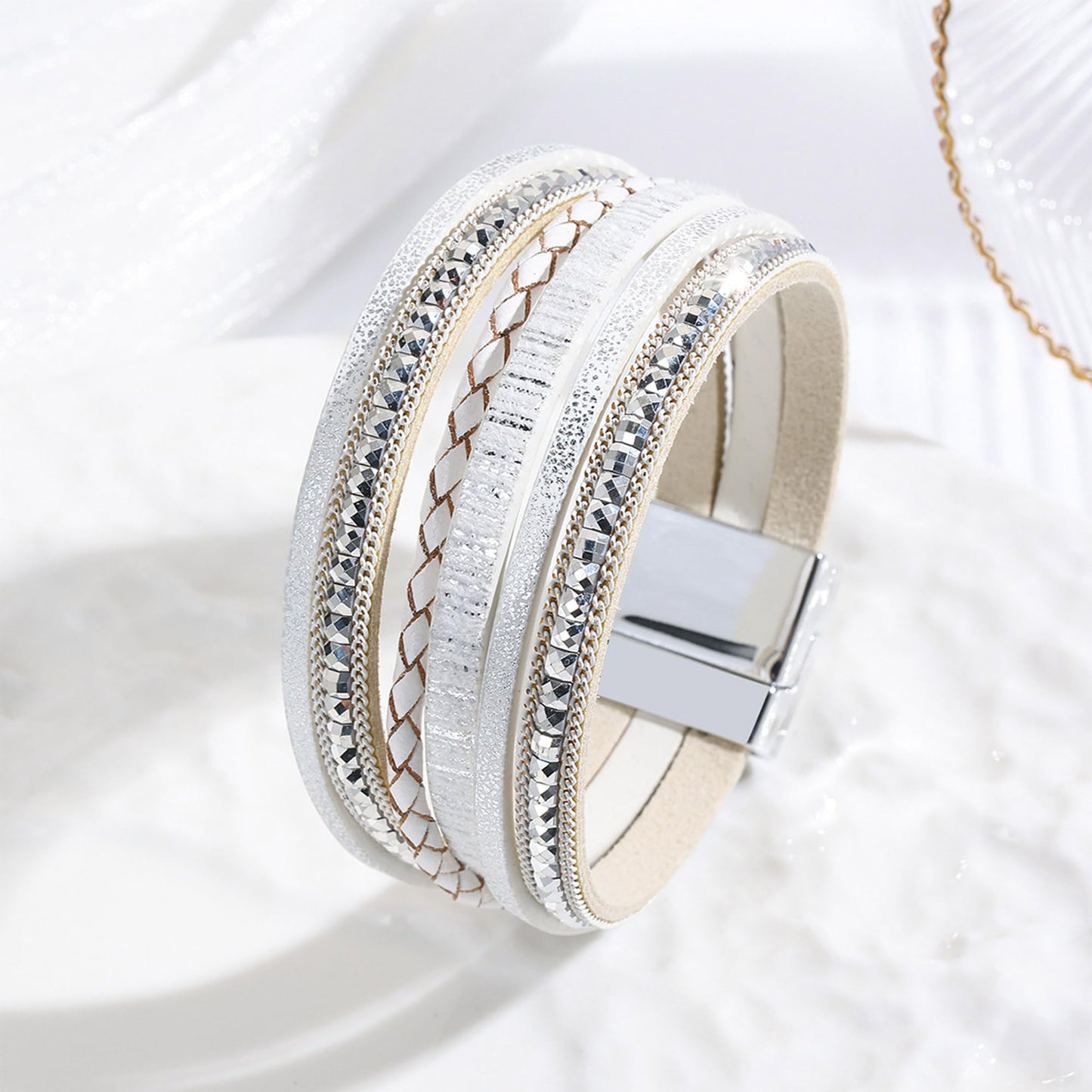 VIBILIA Boho Leather Wrap Bracelets for Women Trendy Layered Multi-Layer Bracelets with Strong Clasp Jewelry for Women-White