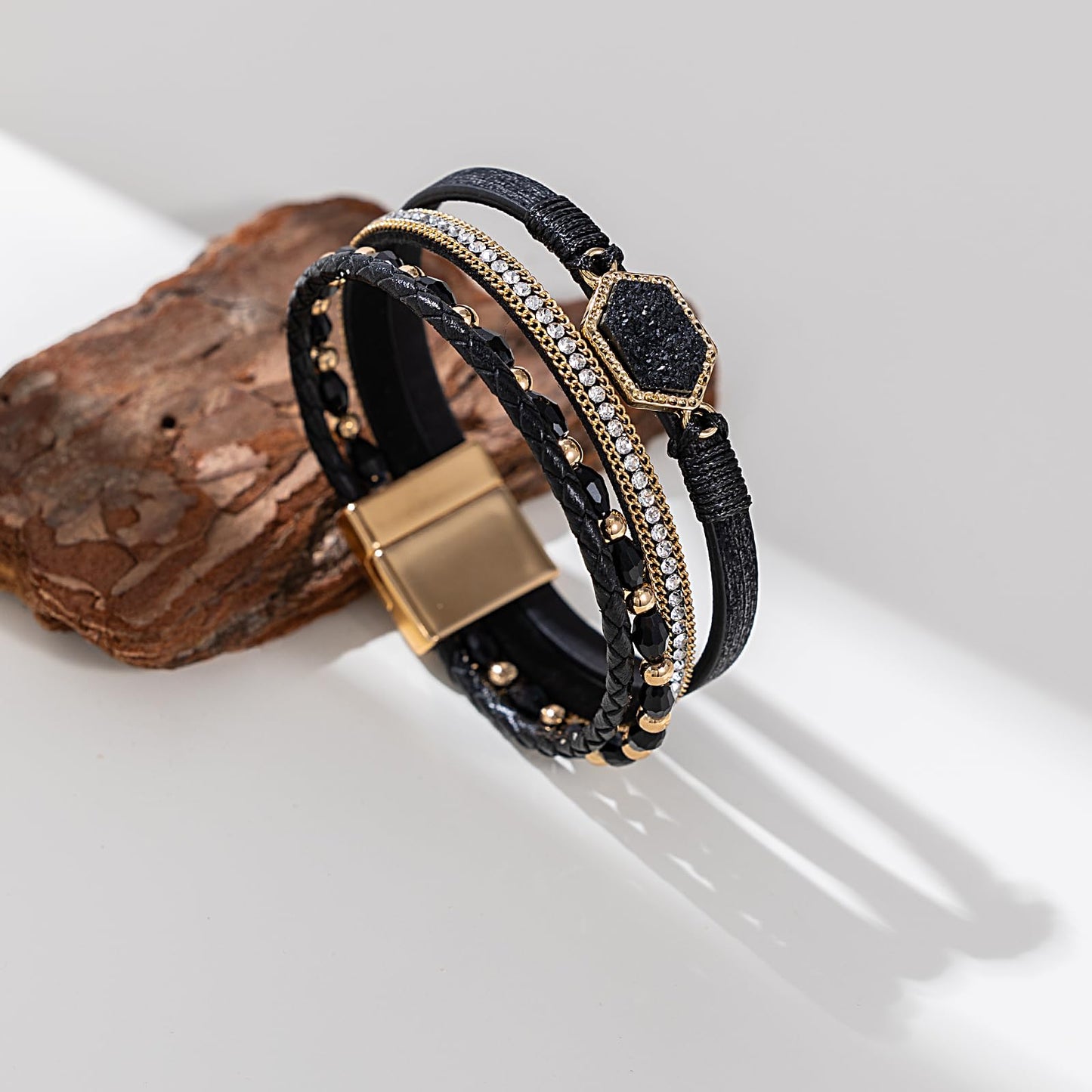 FANCY SHINY Crystal Beaded Leather Wrap Bracelet Stackable Boho Jewelry for Women Trendy Braided Resin Stone Bangle Cuff with Magnetic Clasp(Black)