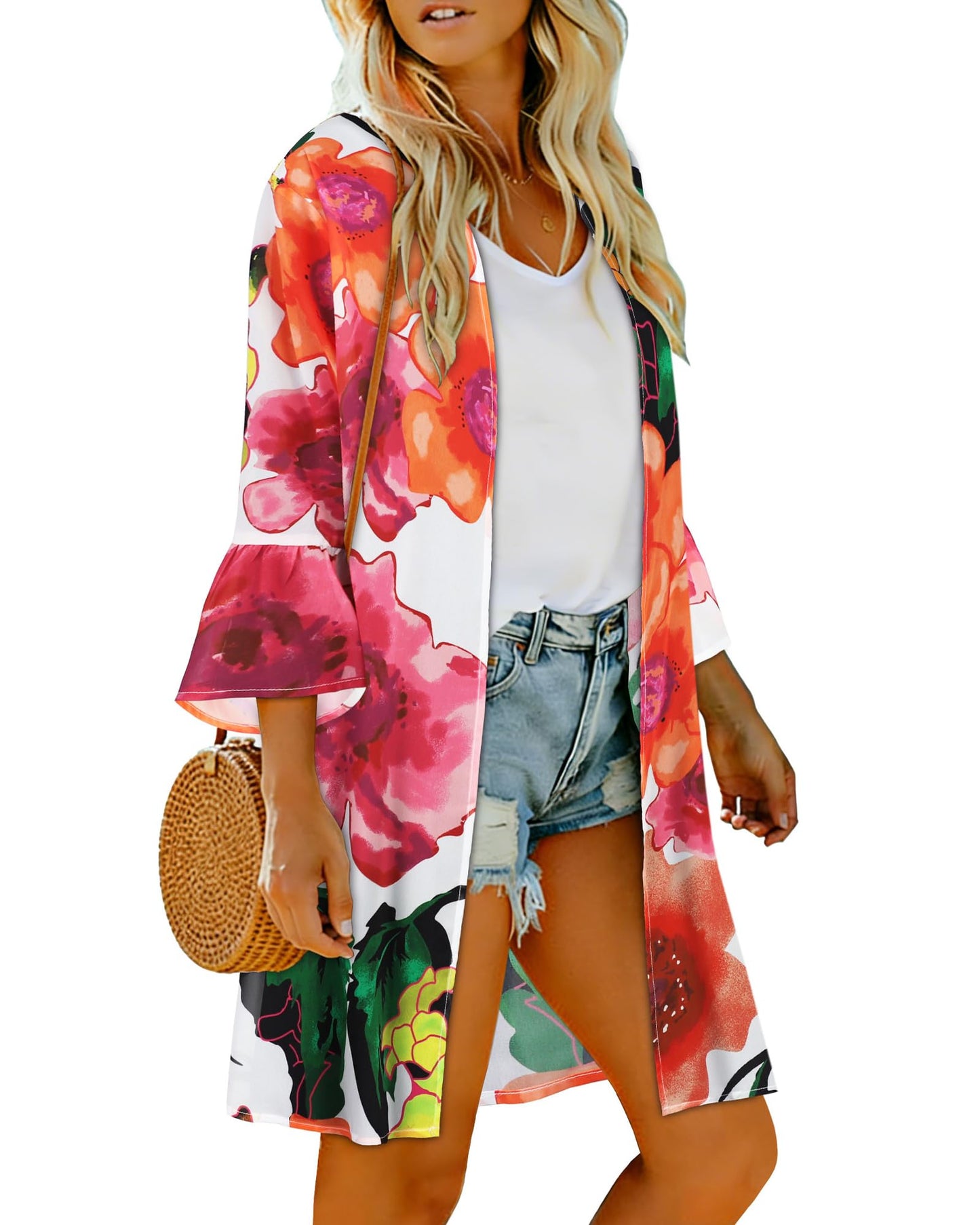 Summer Kimono for Women Cardigan Ruff Sleeve Shirts Chiffon Casual Bathing Suit Cover Up Tops (Pink Rose, L)