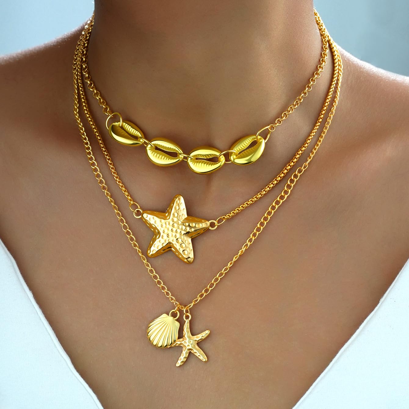 GLRITY Gold Layered Necklaces for Women Stacked Starfish Necklaces Statement Starfish Mermaid Necklace Dainty Coastal Summer Beach Vacation Jewelry Gifts